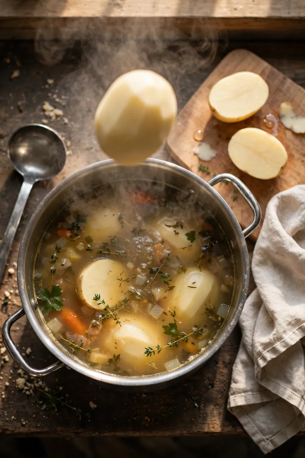 Raw potato dropped into a stockpot of soup