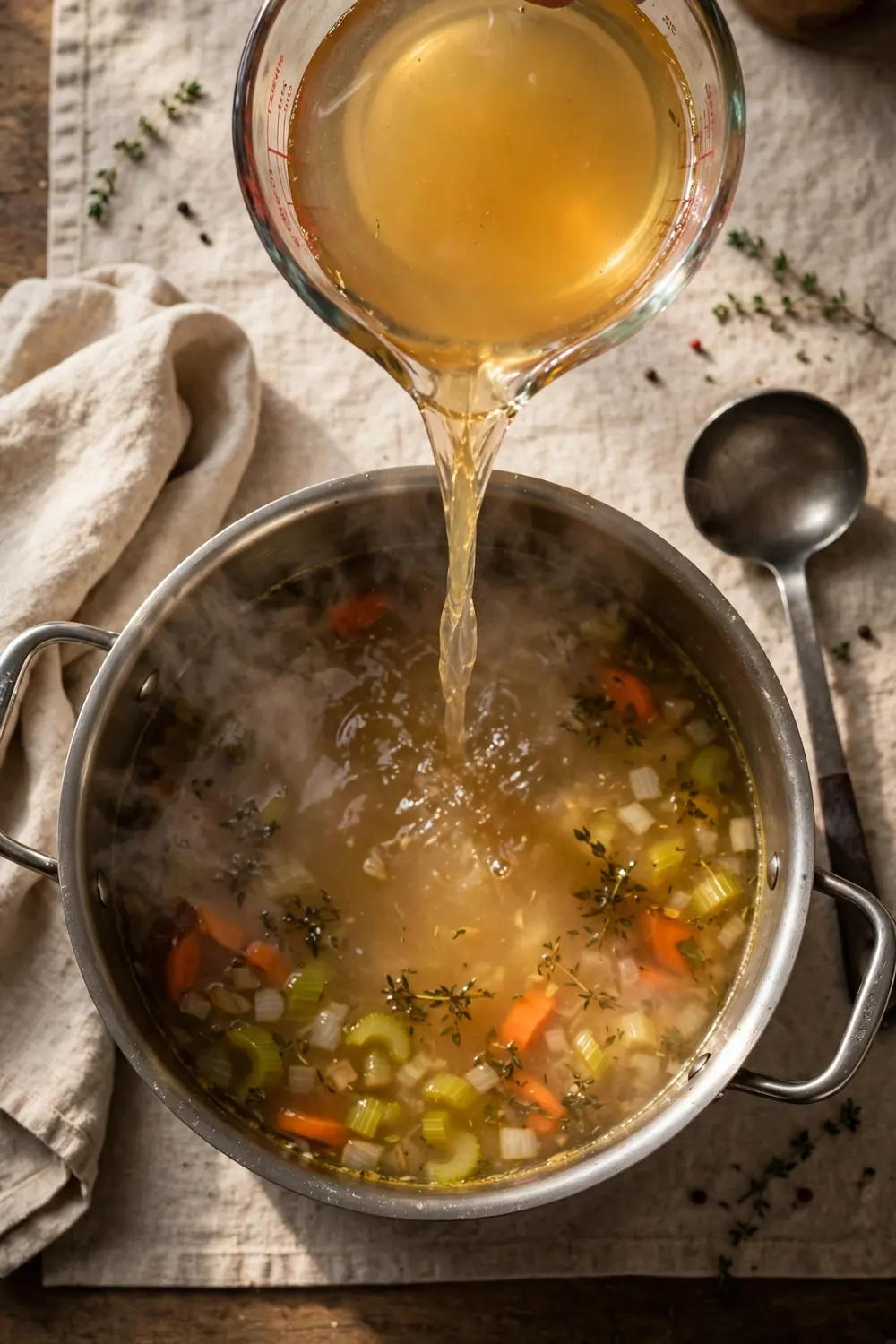 Unsalted broth poured into a stockpot of soup