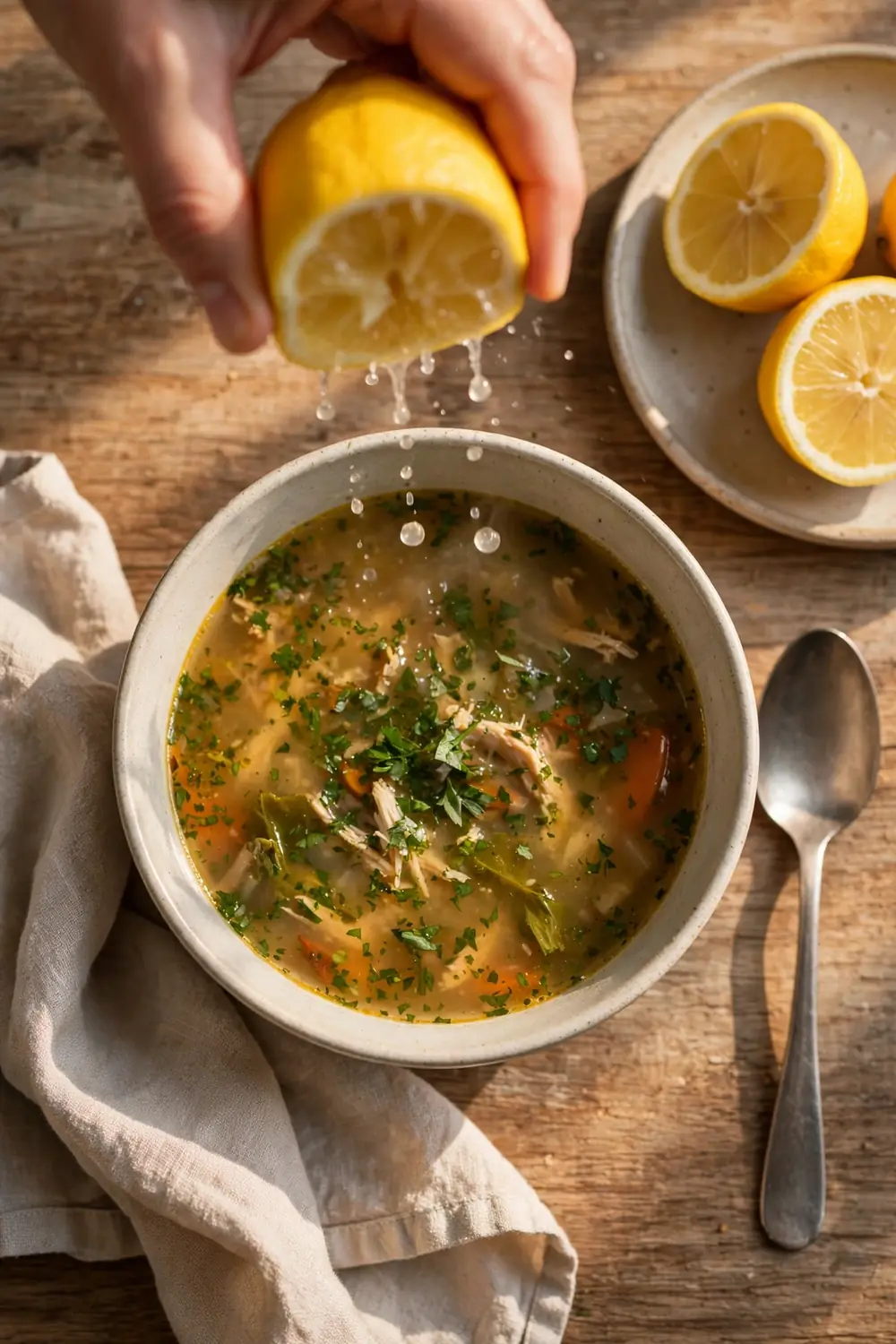 Lemon juice squeezed over a bowl of soup