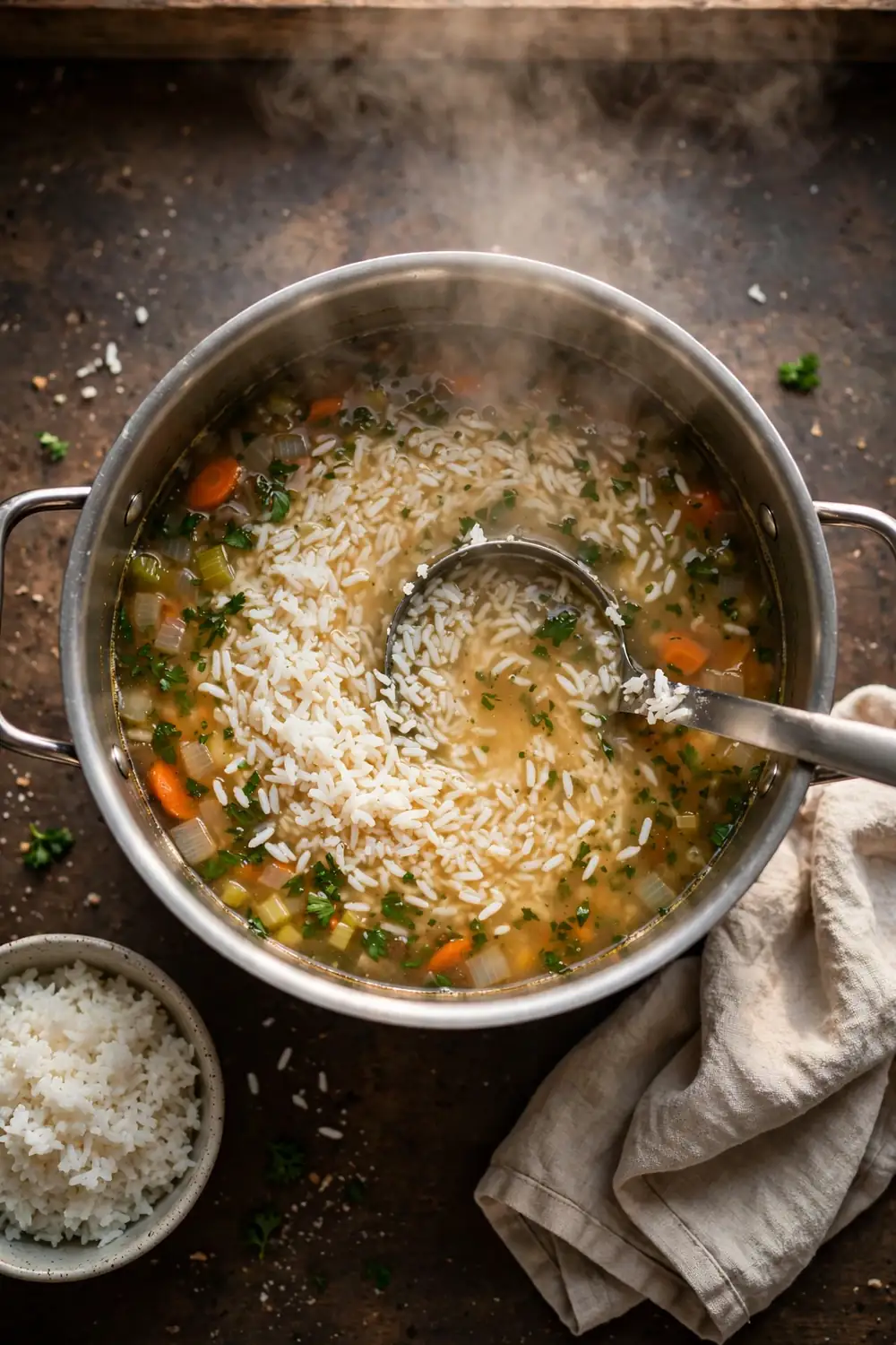 Cooked rice stirred into a stockpot of soup