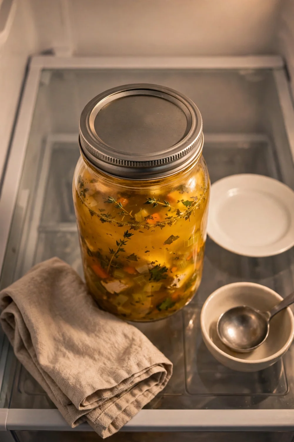 Soup in a sealed glass container