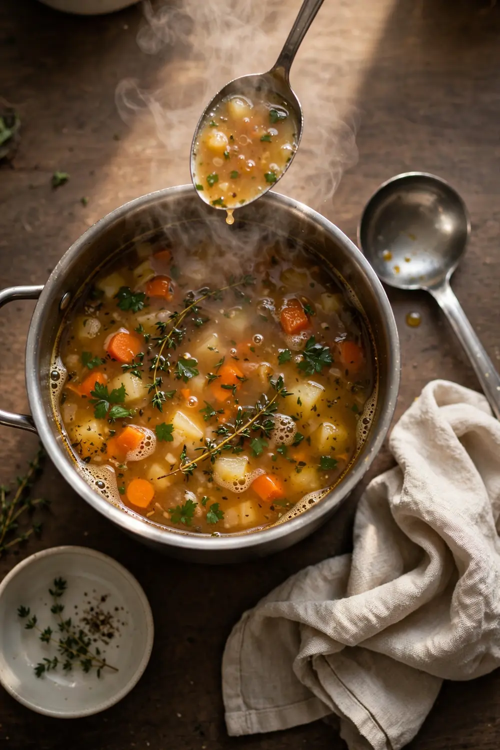A spoonful of soup being tasted