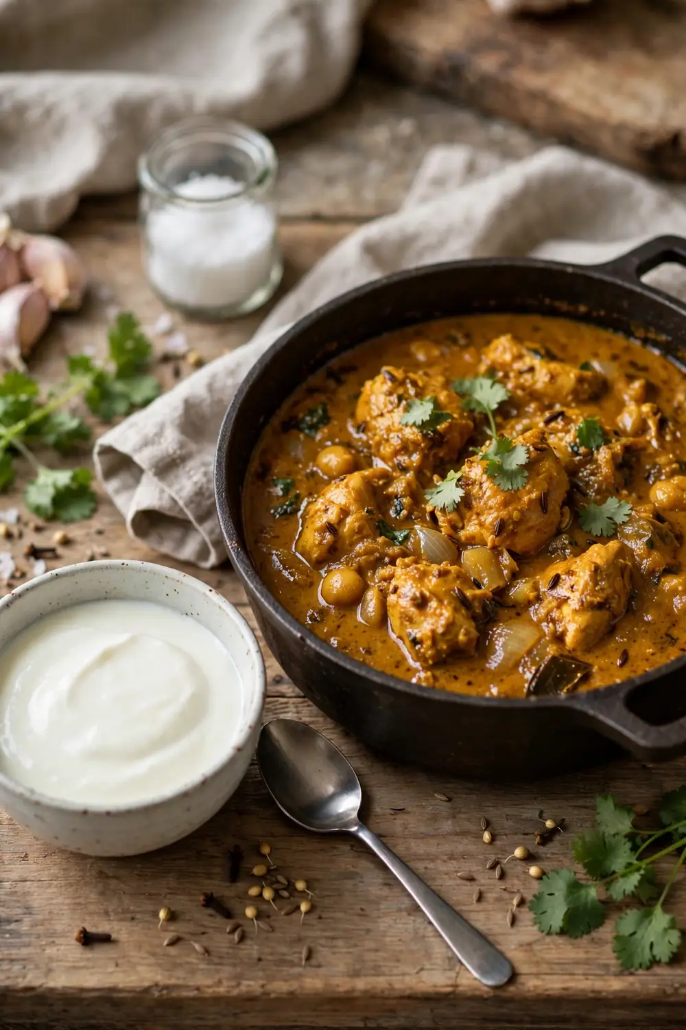 Plain yogurt and cream in small bowls beside a pot of curry