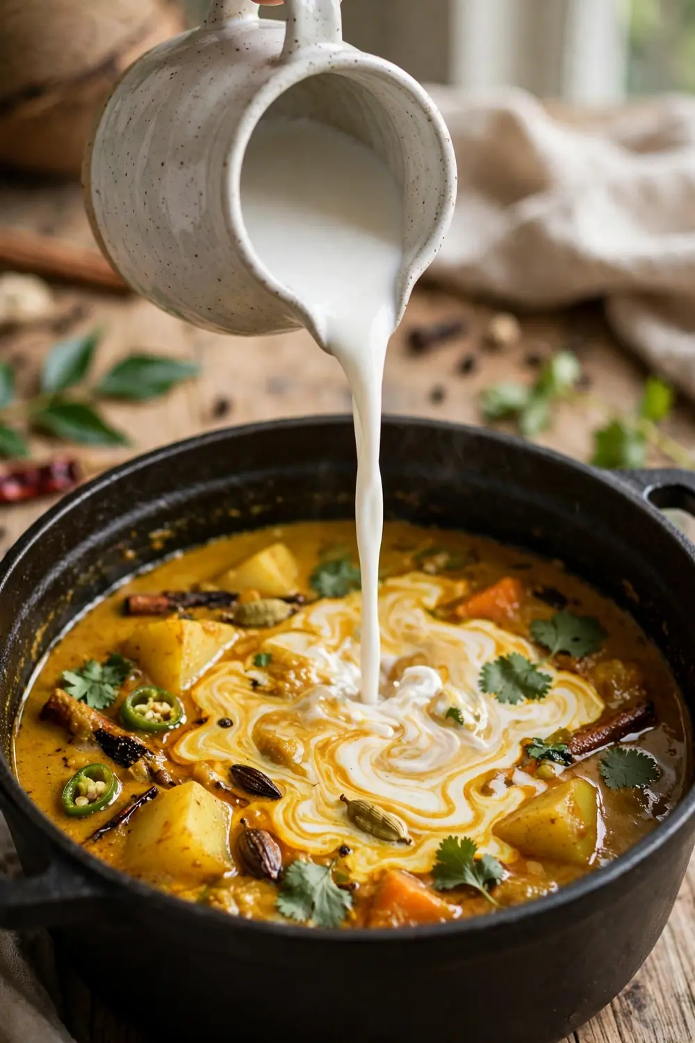 Coconut milk poured into a simmering pot of curry