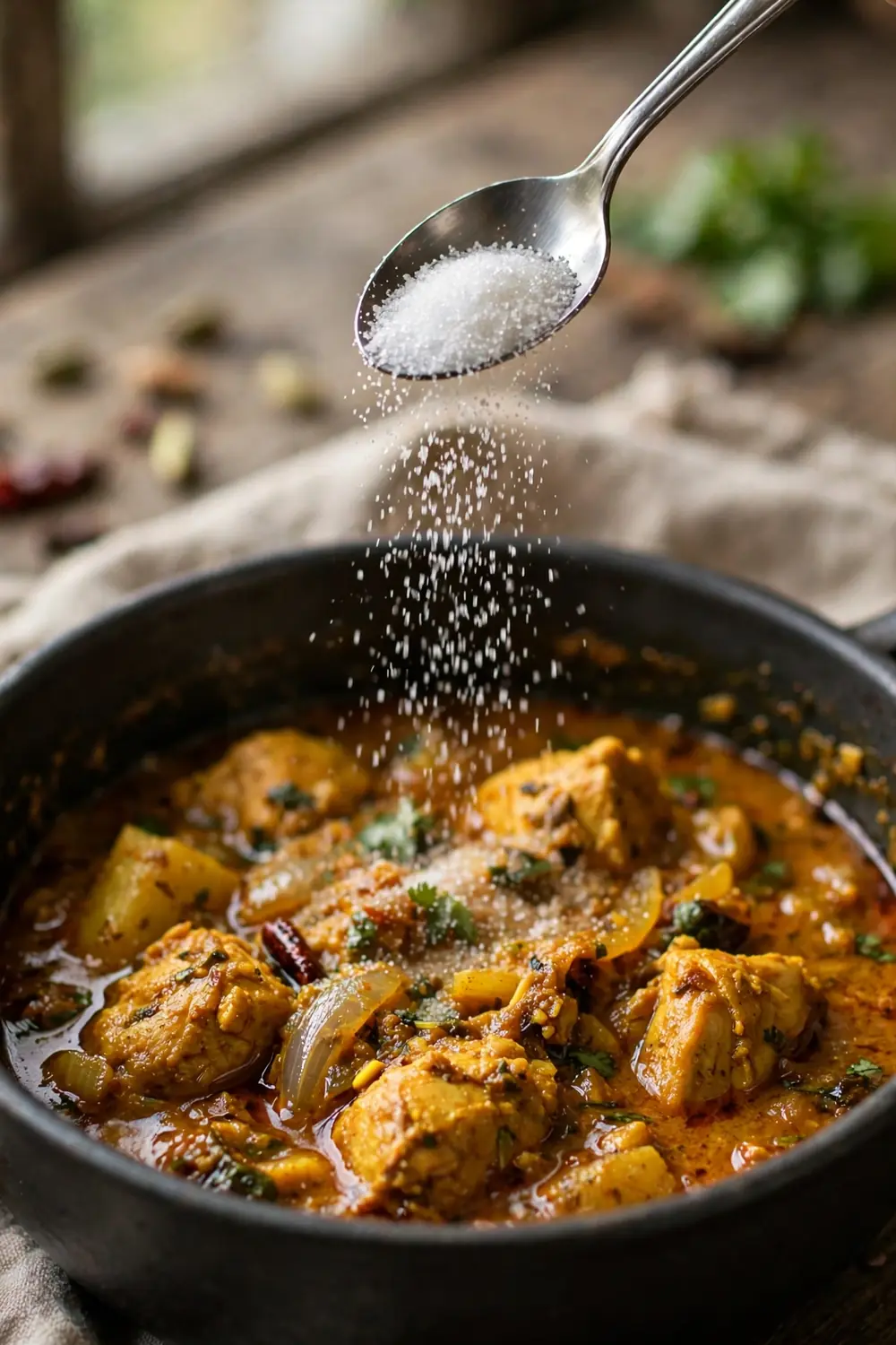 Small spoon of sugar beside a pot of curry