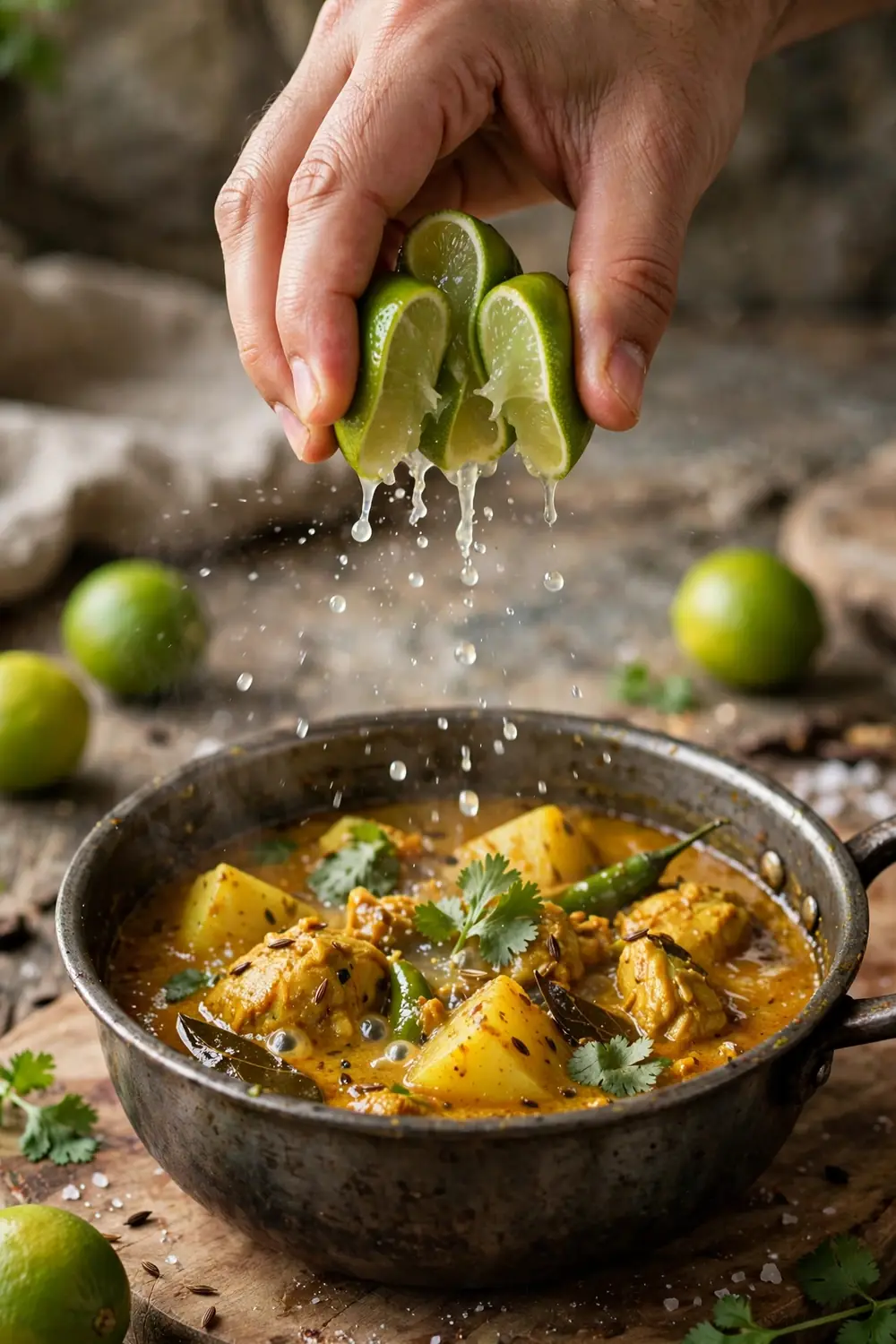 Fresh lemon halves and lime wedges beside a pot of curry