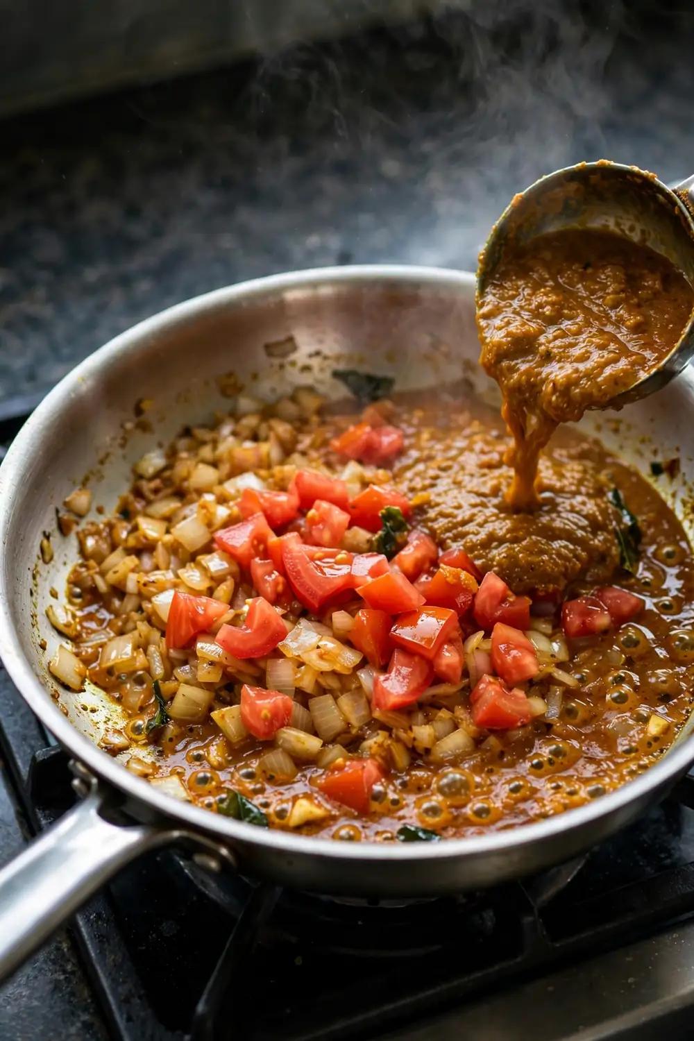 Chopped onion and tomato base simmering in a pot