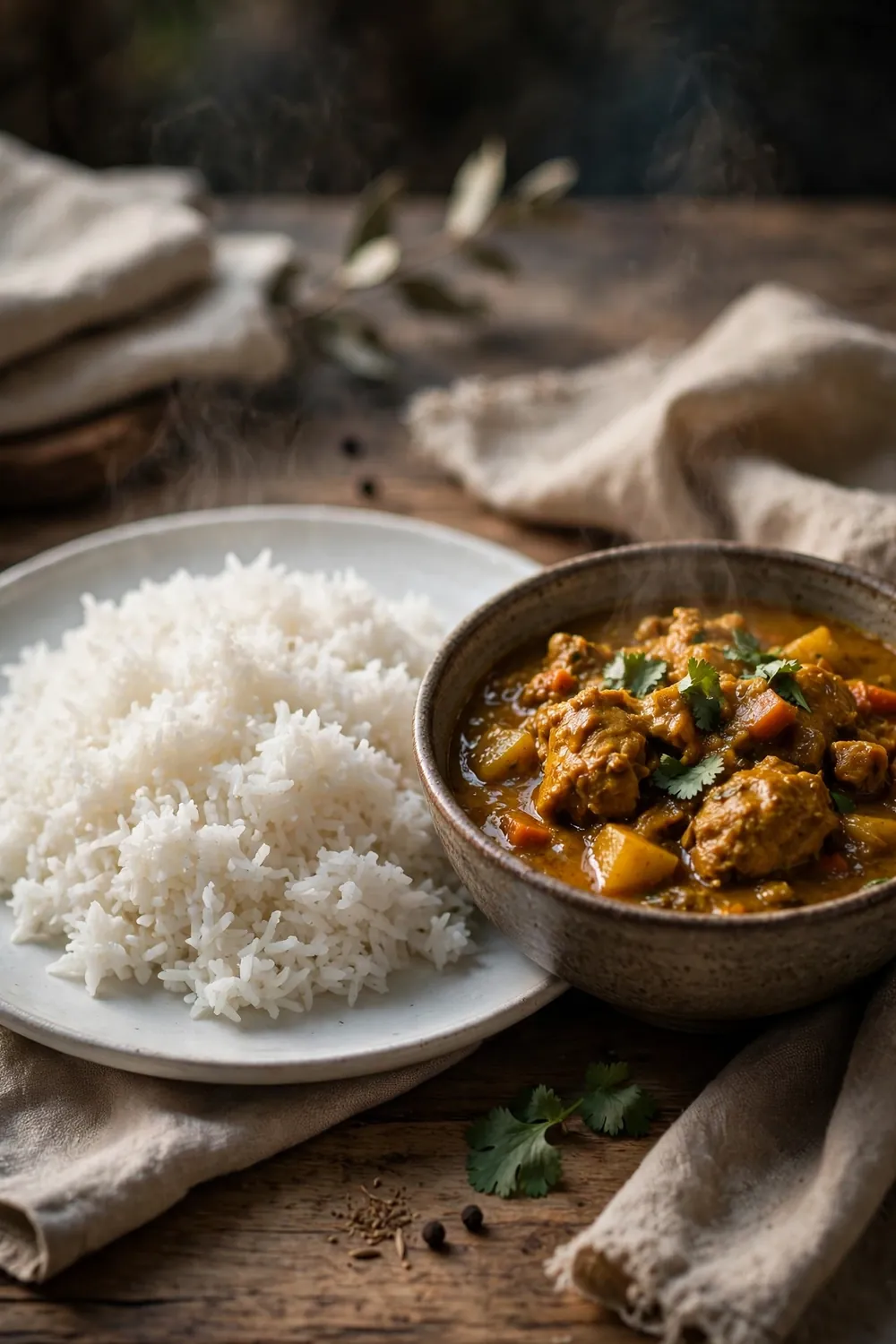 Steamed basmati rice served beside a bowl of curry