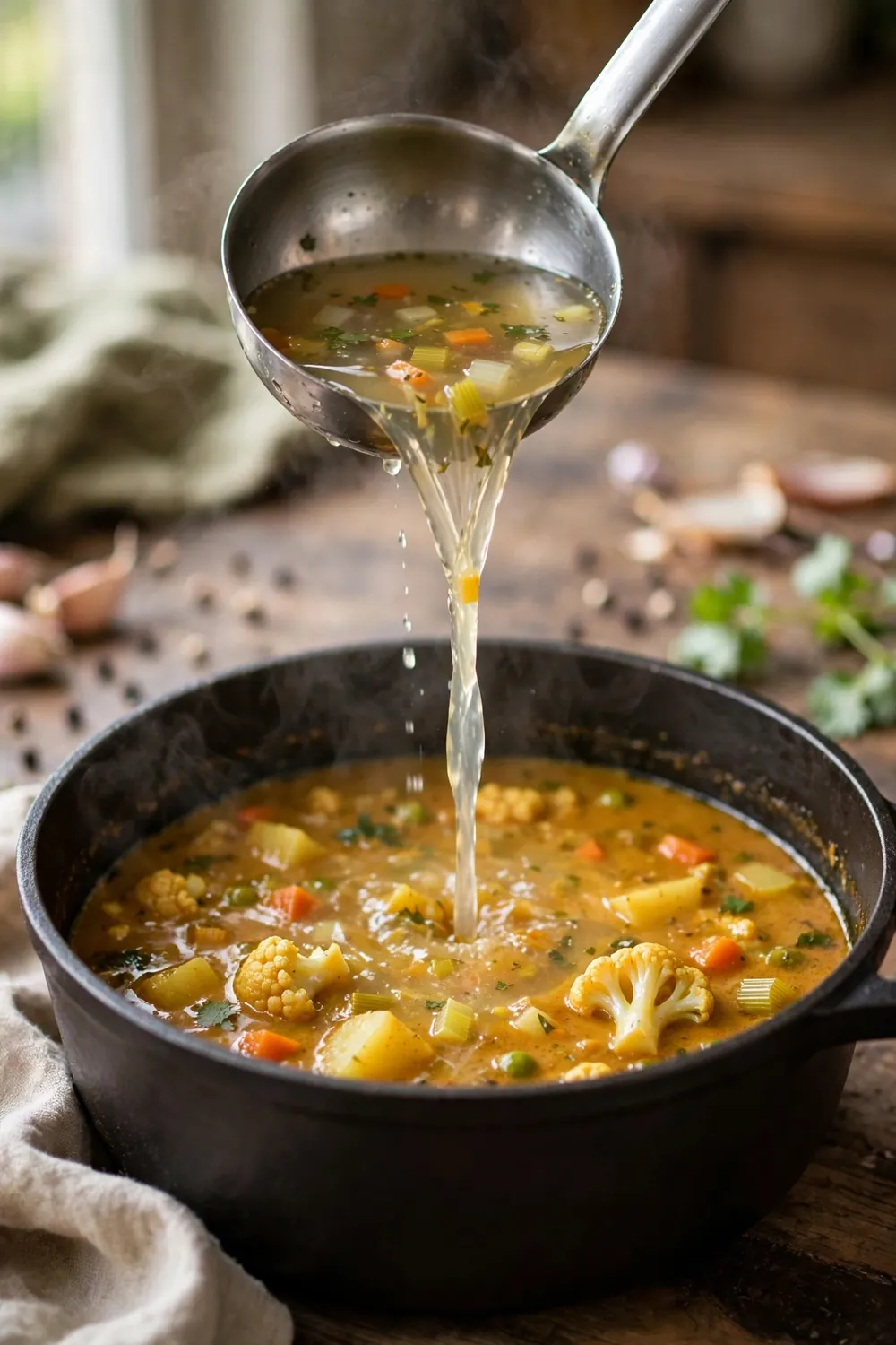 Broth poured in a thin stream into a simmering pot