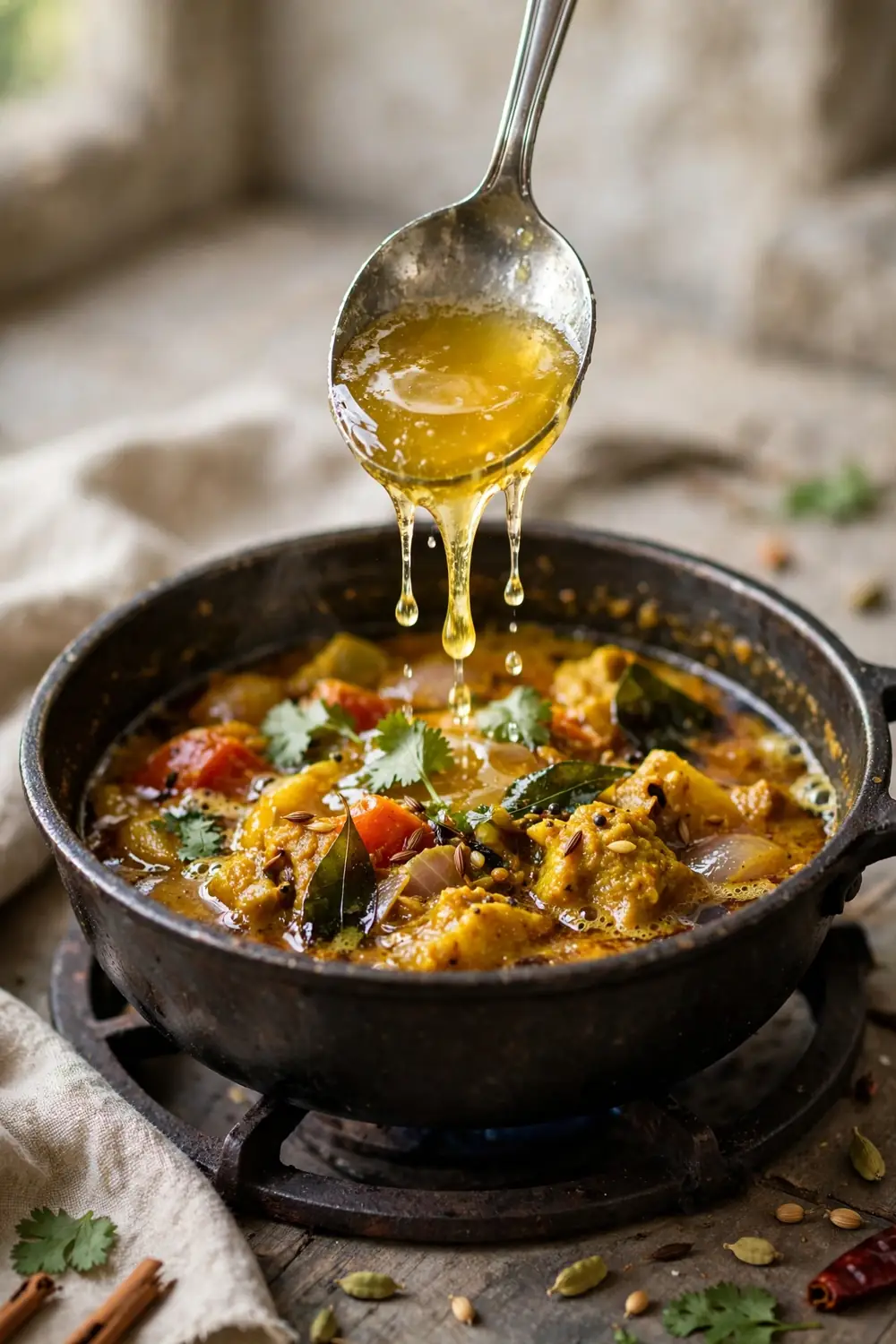 Ghee melting into a glossy pot of curry