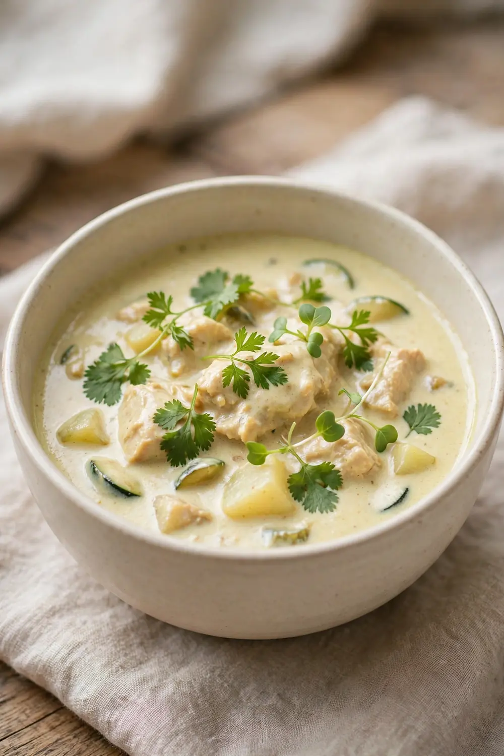 Balanced curry in a bowl with glossy sauce and fresh herbs