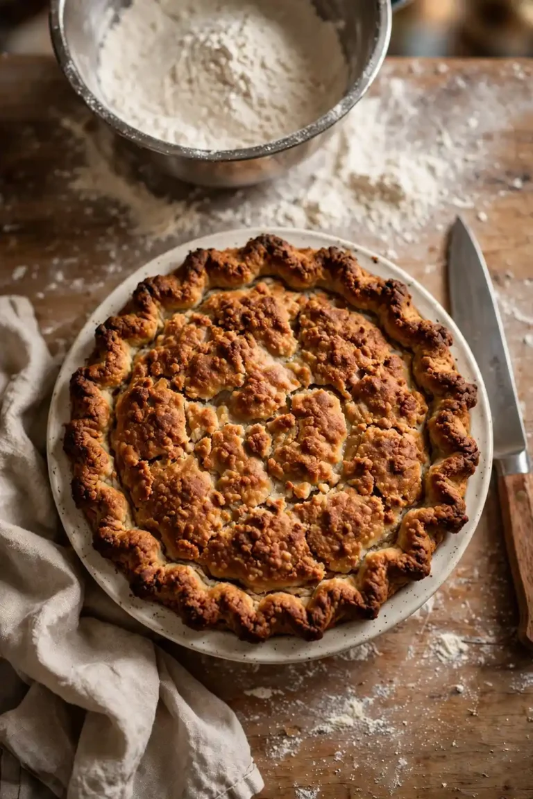 Pie with a tough, chewy crust on a pie plate