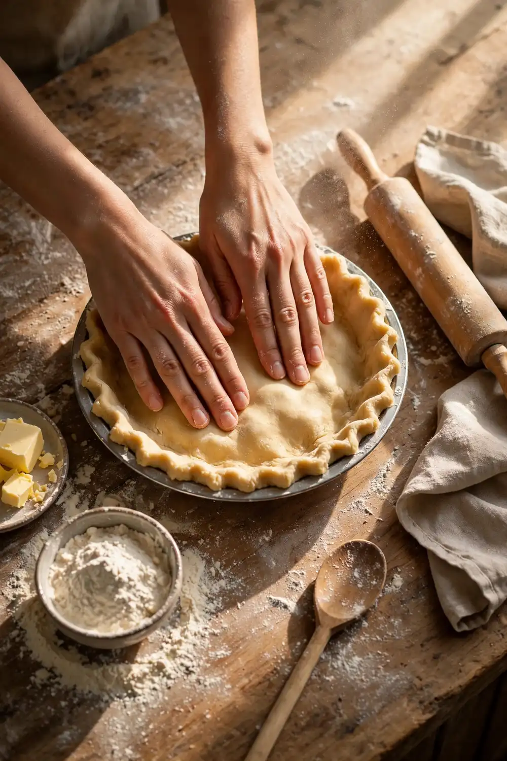 Hands pressing pie dough into a pie plate
