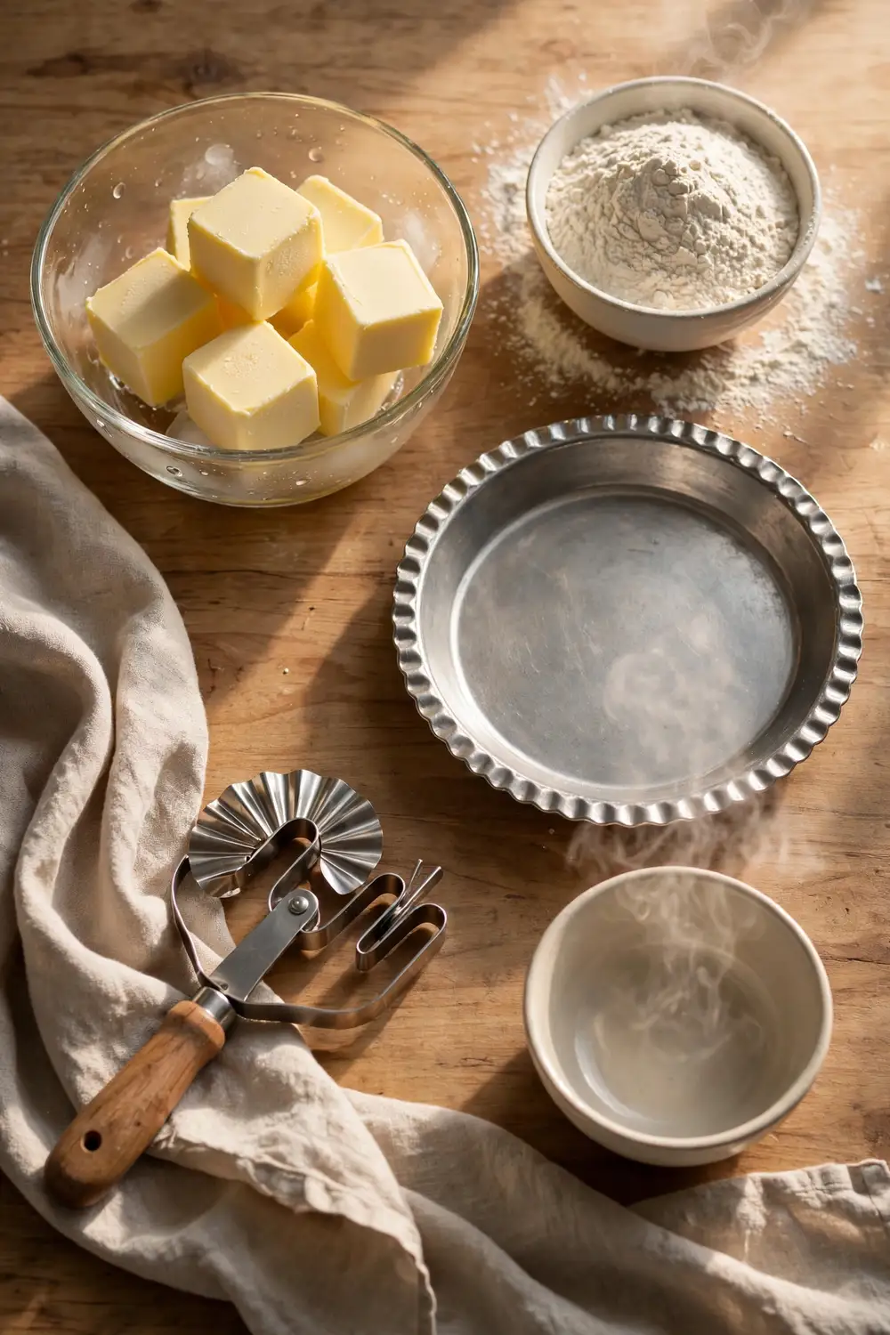 Cold butter cubes beside flour and a pie plate