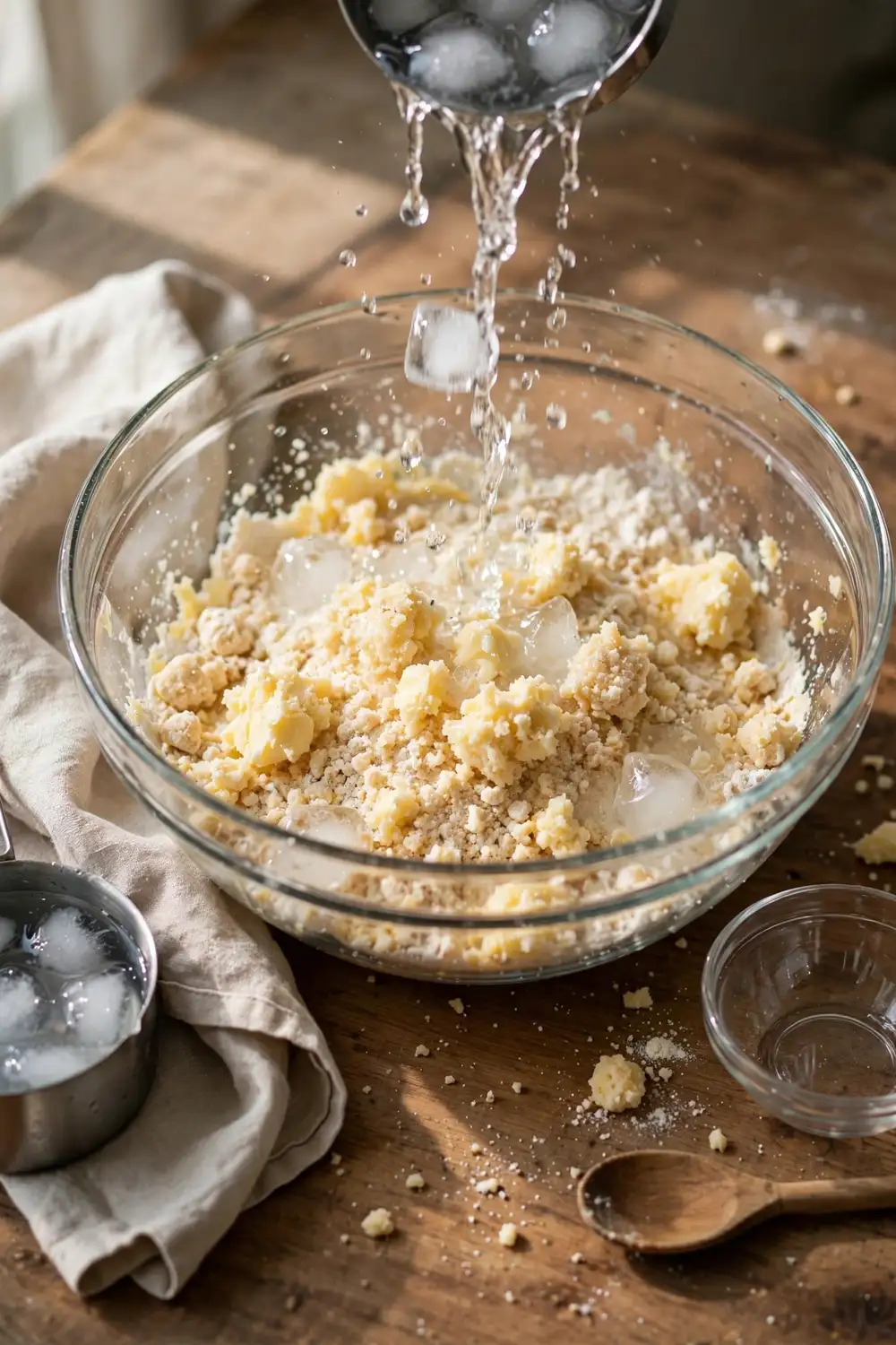 Ice water being sprinkled over flour and butter crumbs