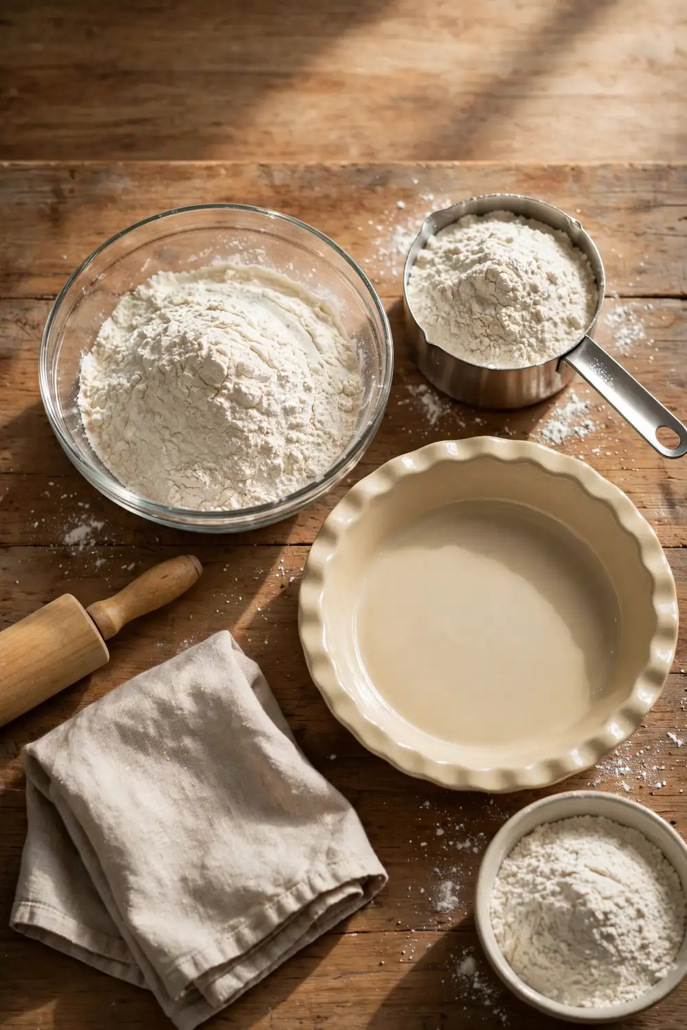 All purpose flour with a measuring cup beside a pie plate