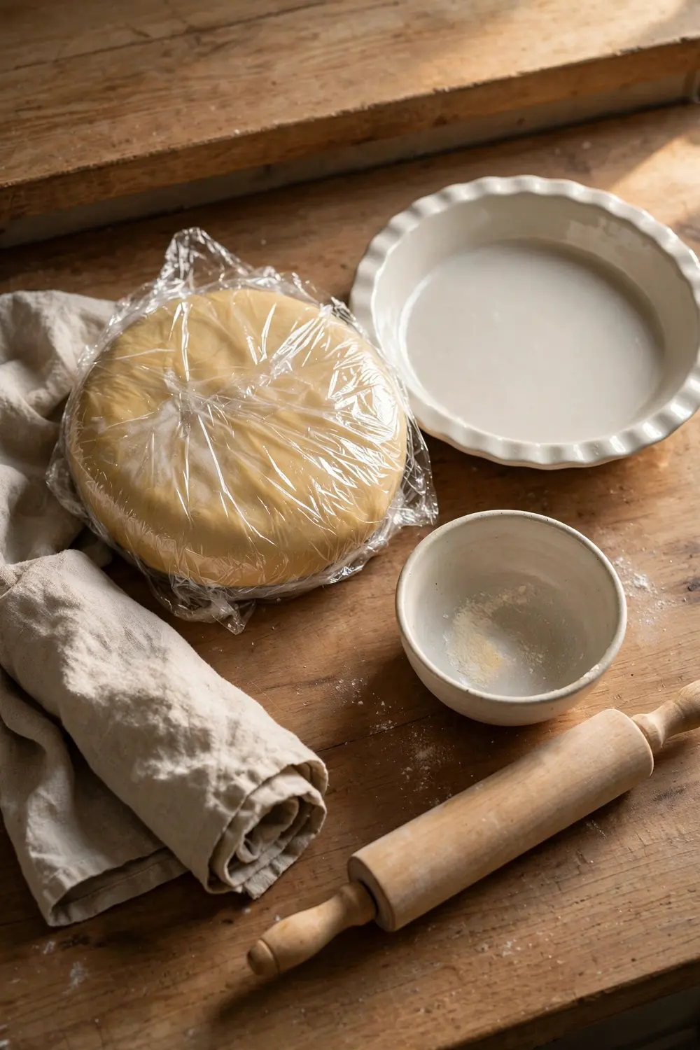 Pie dough disk wrapped in plastic chilling beside a pie plate