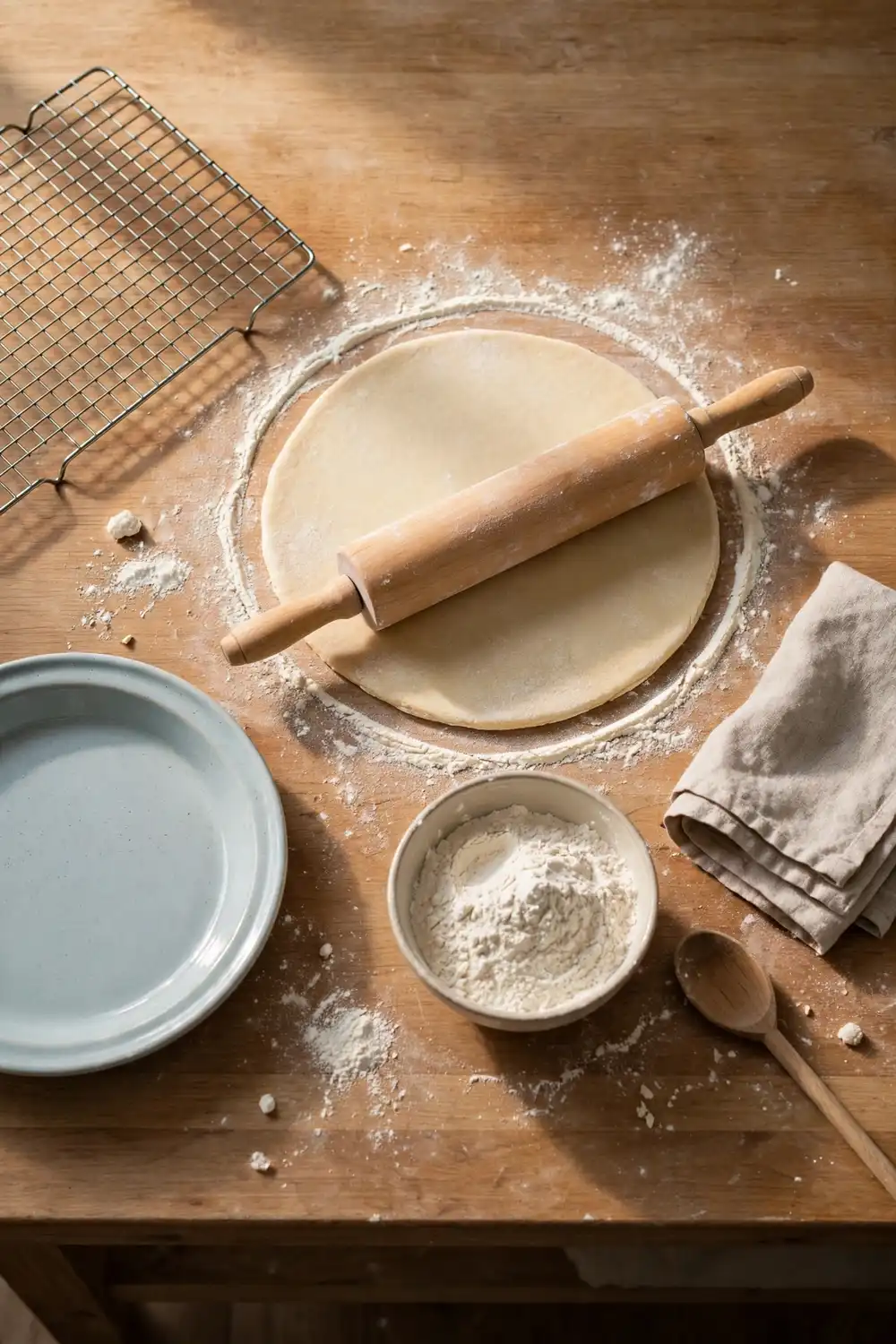 Rolling pin rolling pie dough into a circle