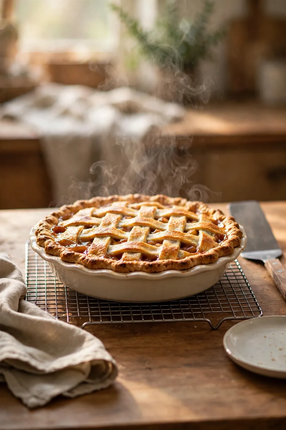 Fresh pie cooling on a wire rack
