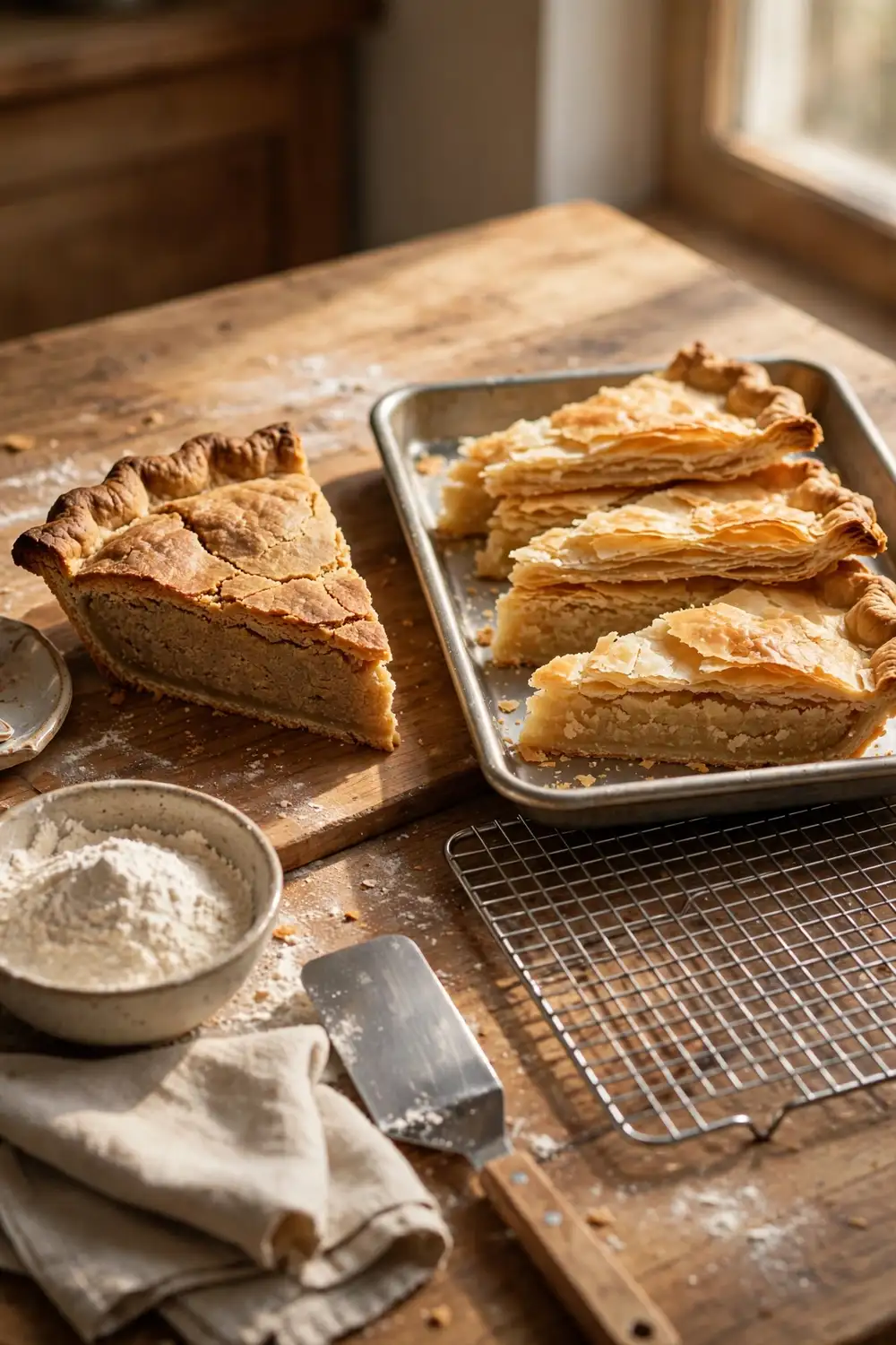 Tough pie crust slice beside flaky pie crust slices