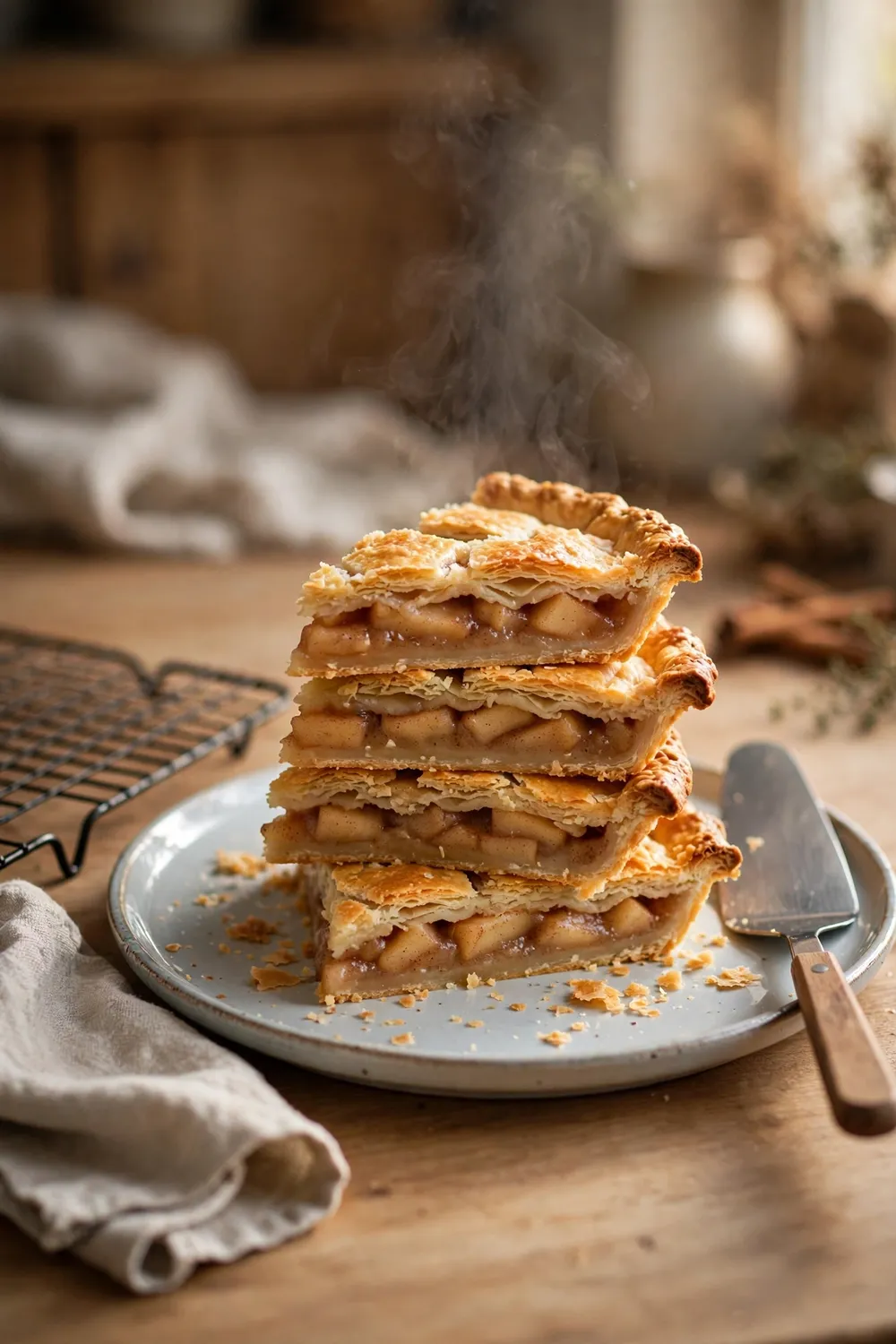 Flaky pie slices stacked on a pie plate