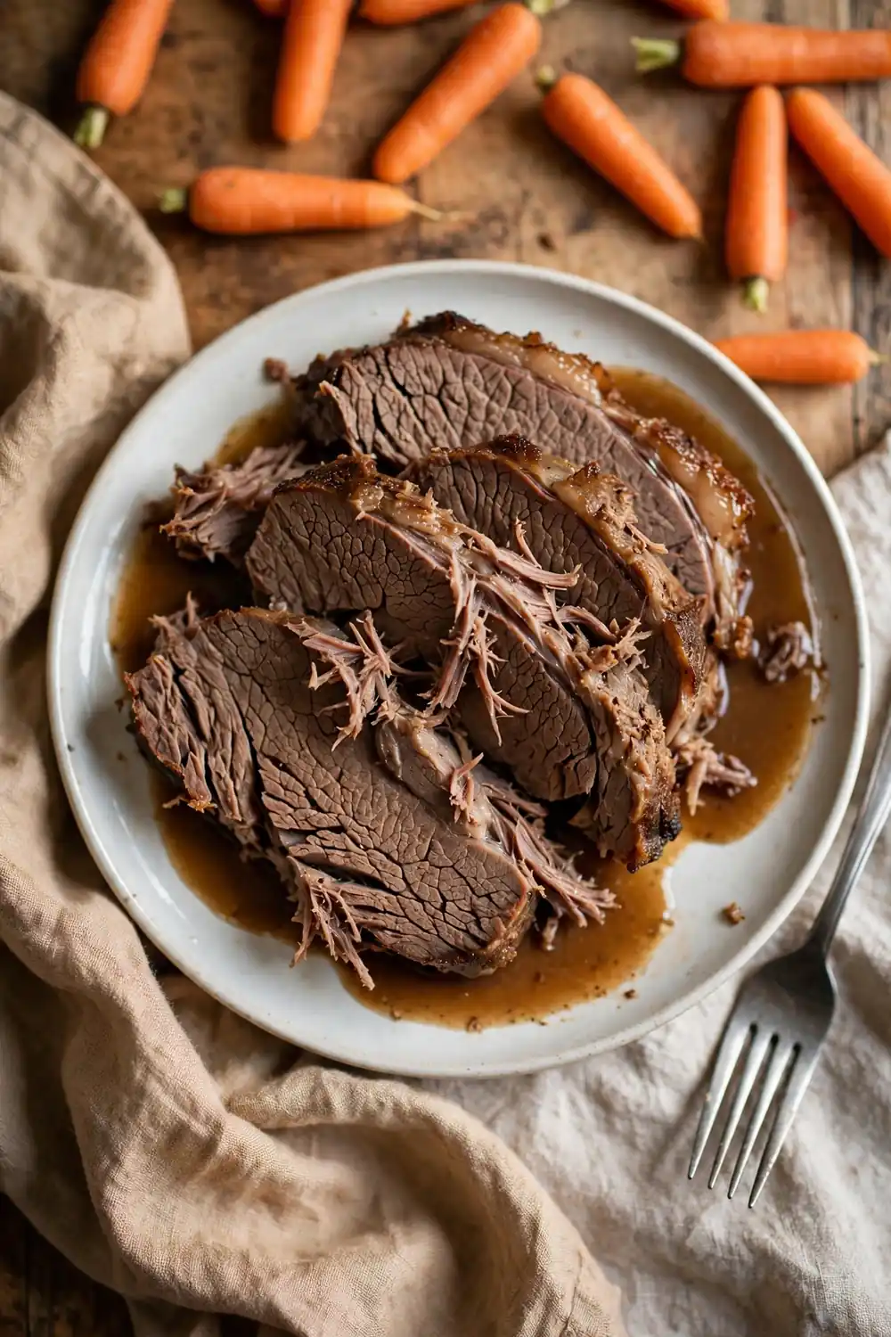 Tough sliced pot roast on a plate