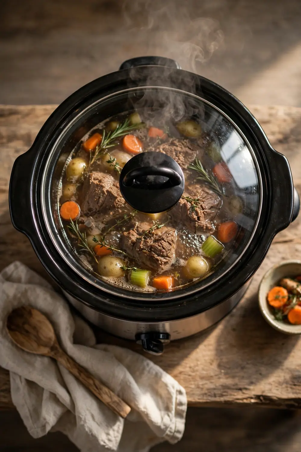 Slow cooker with pot roast simmering
