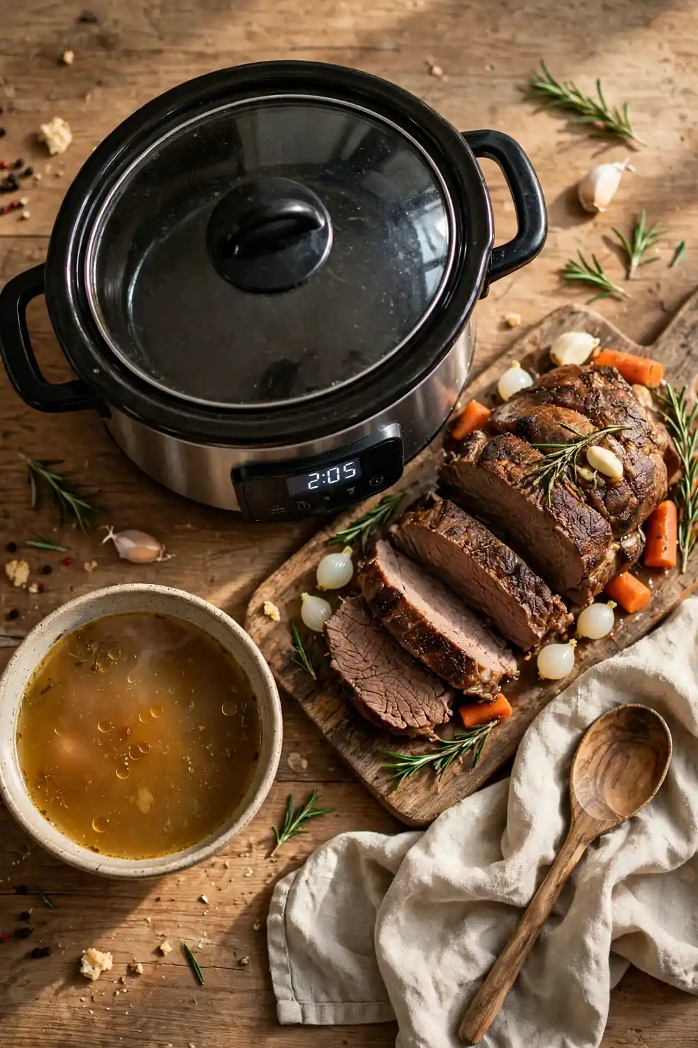 Slow cooker timer beside a pot roast