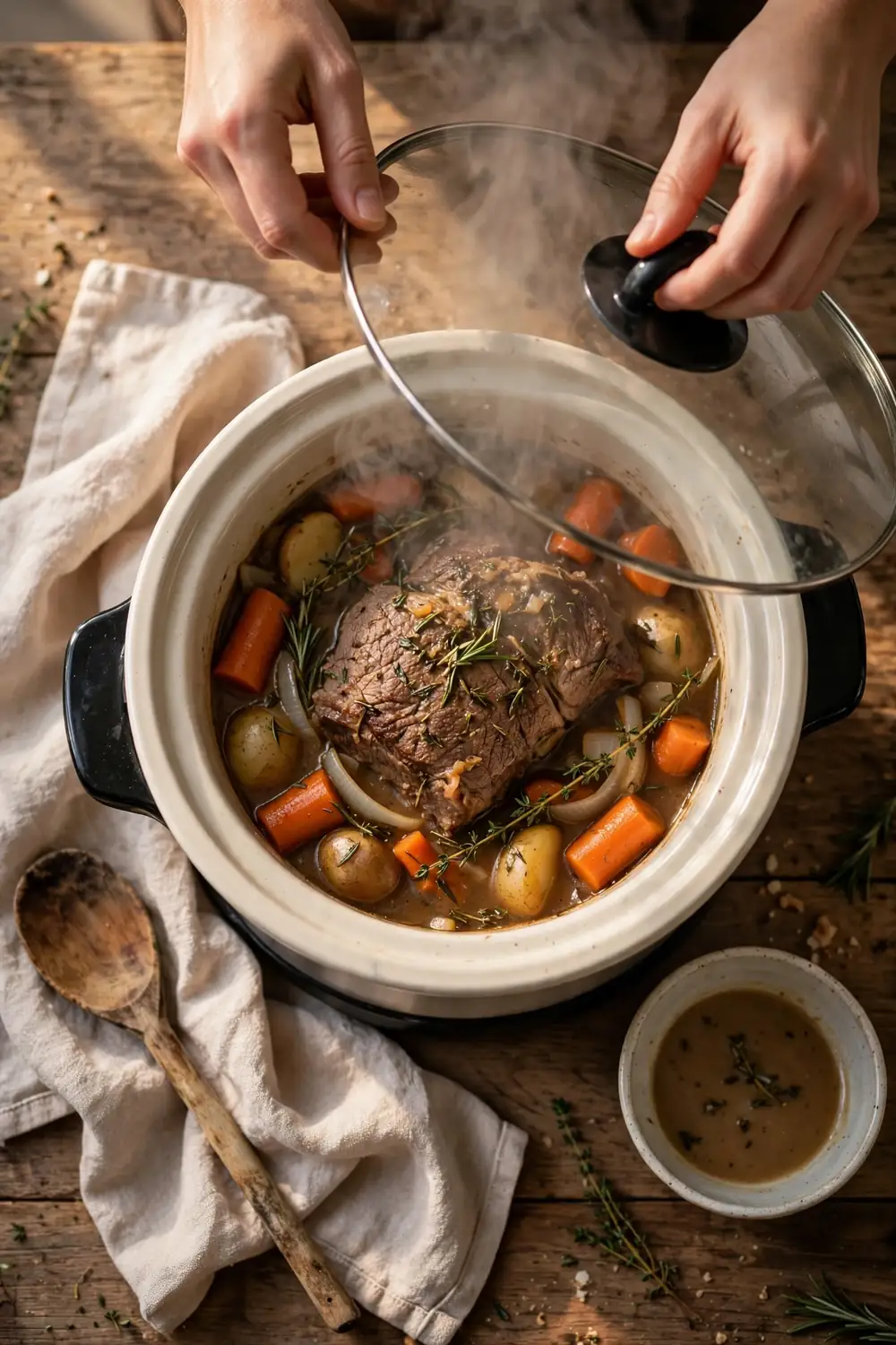 Hands lifting a slow cooker lid