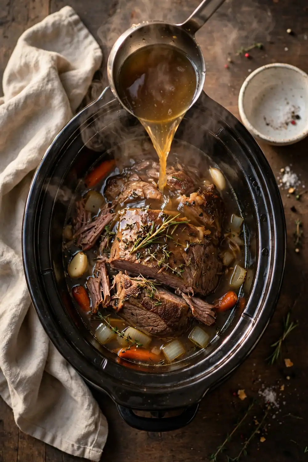 Broth being poured over pot roast