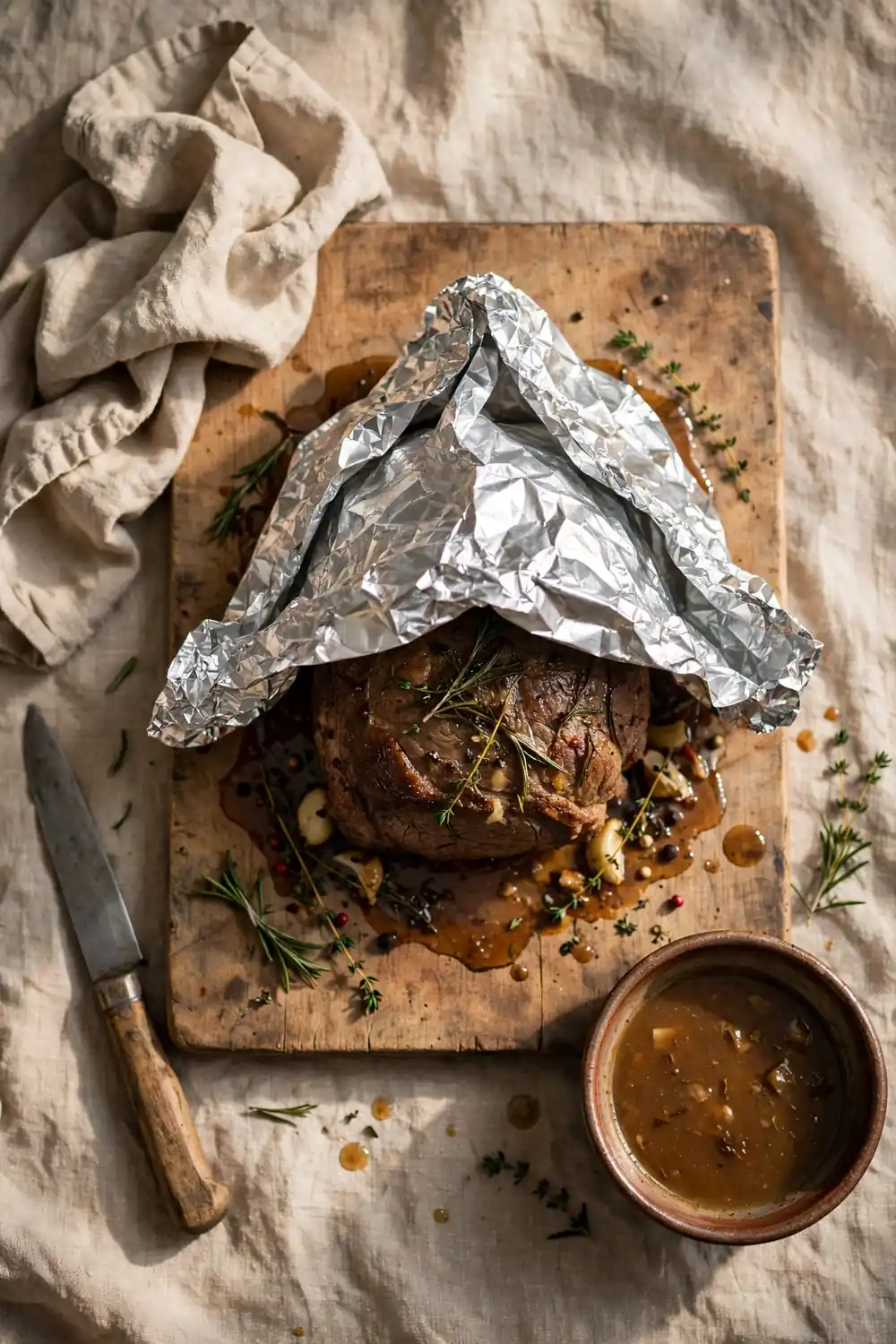 Cooked pot roast resting under foil