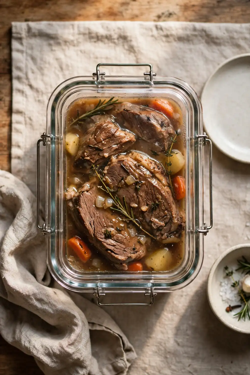 Pot roast stored in a sealed container