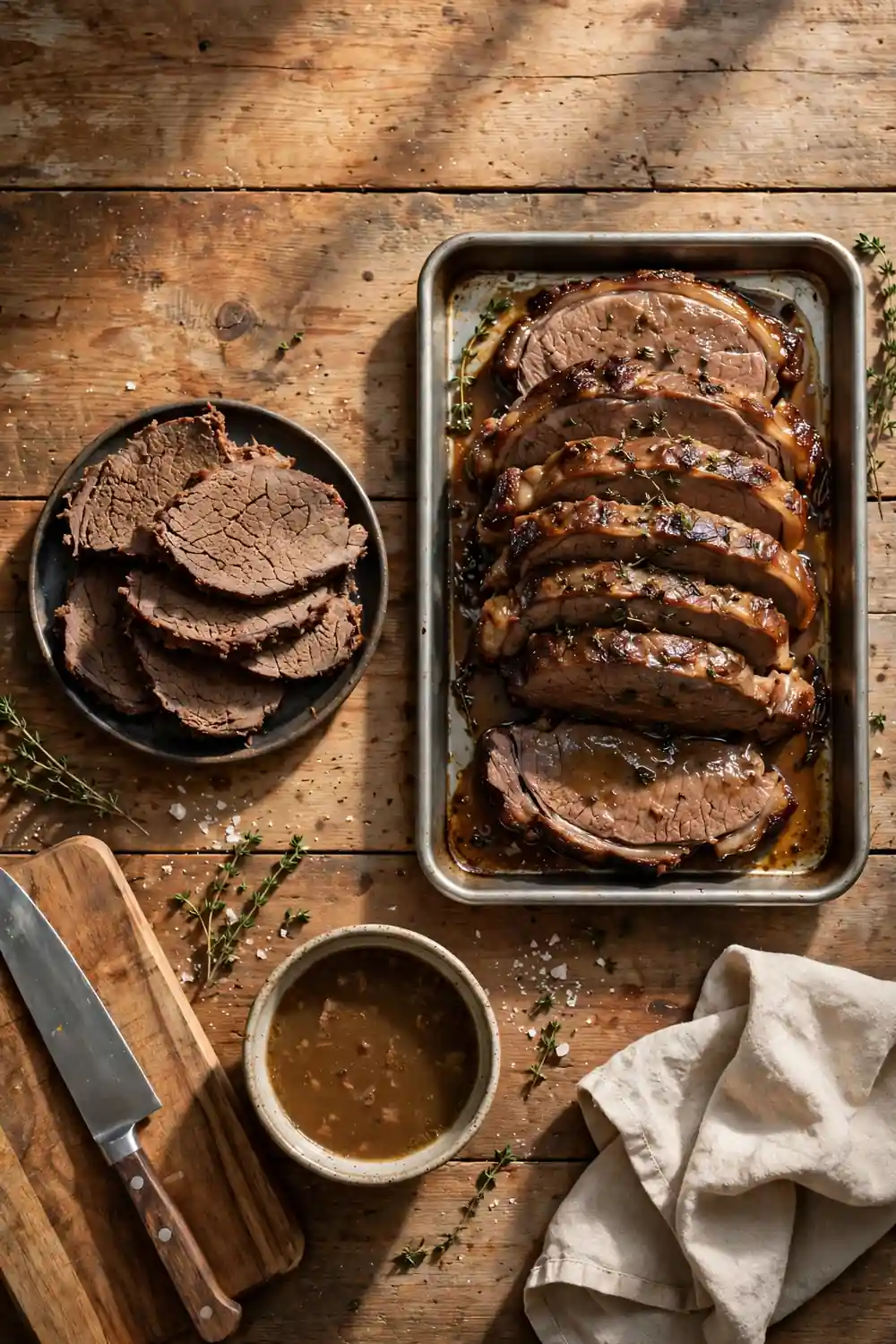 Chewy pot roast slices beside tender slices