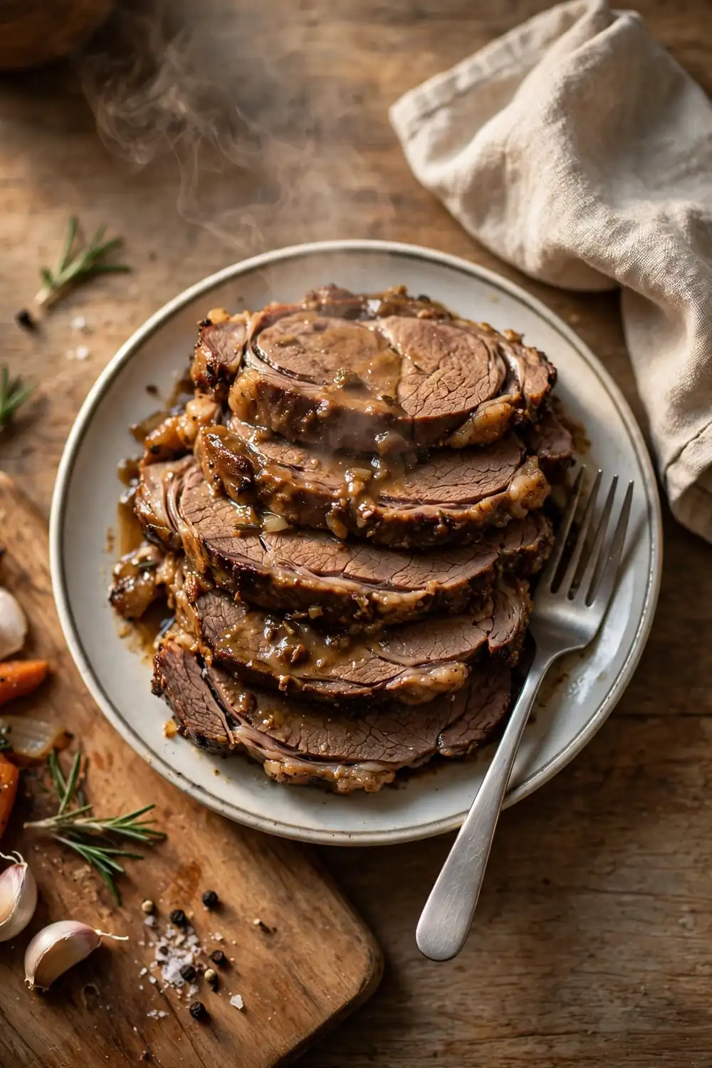 Tender pot roast slices stacked on a plate