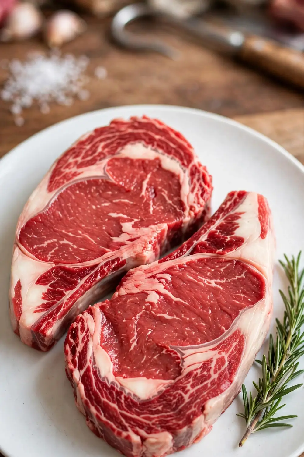 Raw ribeye steaks with marbling on a white plate