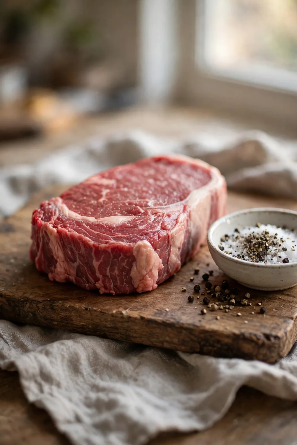 Raw steak resting on a wooden board beside a small bowl of salt