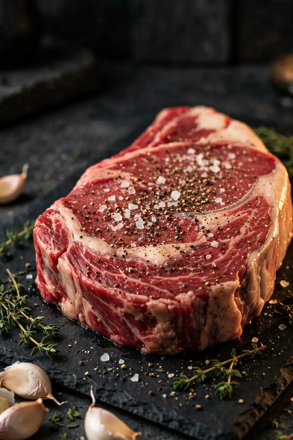 Raw steak generously seasoned with coarse salt and black pepper
