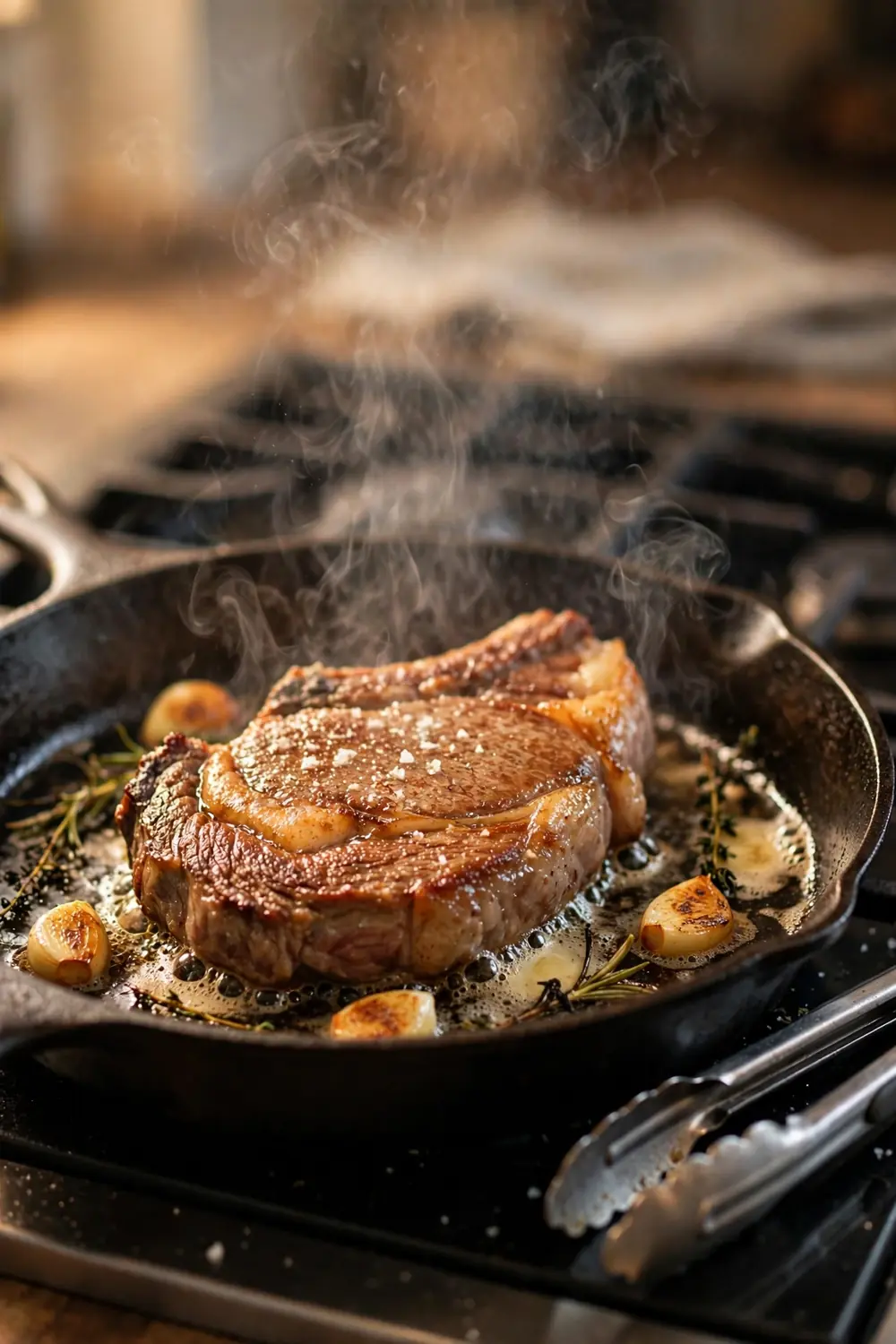 Steak searing in a hot cast iron skillet with golden brown crust forming