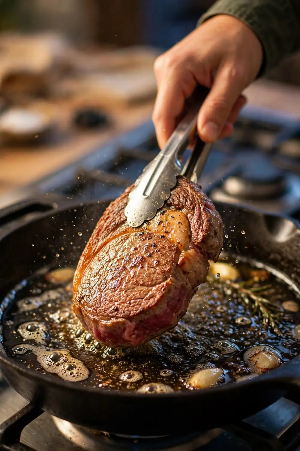 Tongs flipping a seared steak once in a cast iron skillet