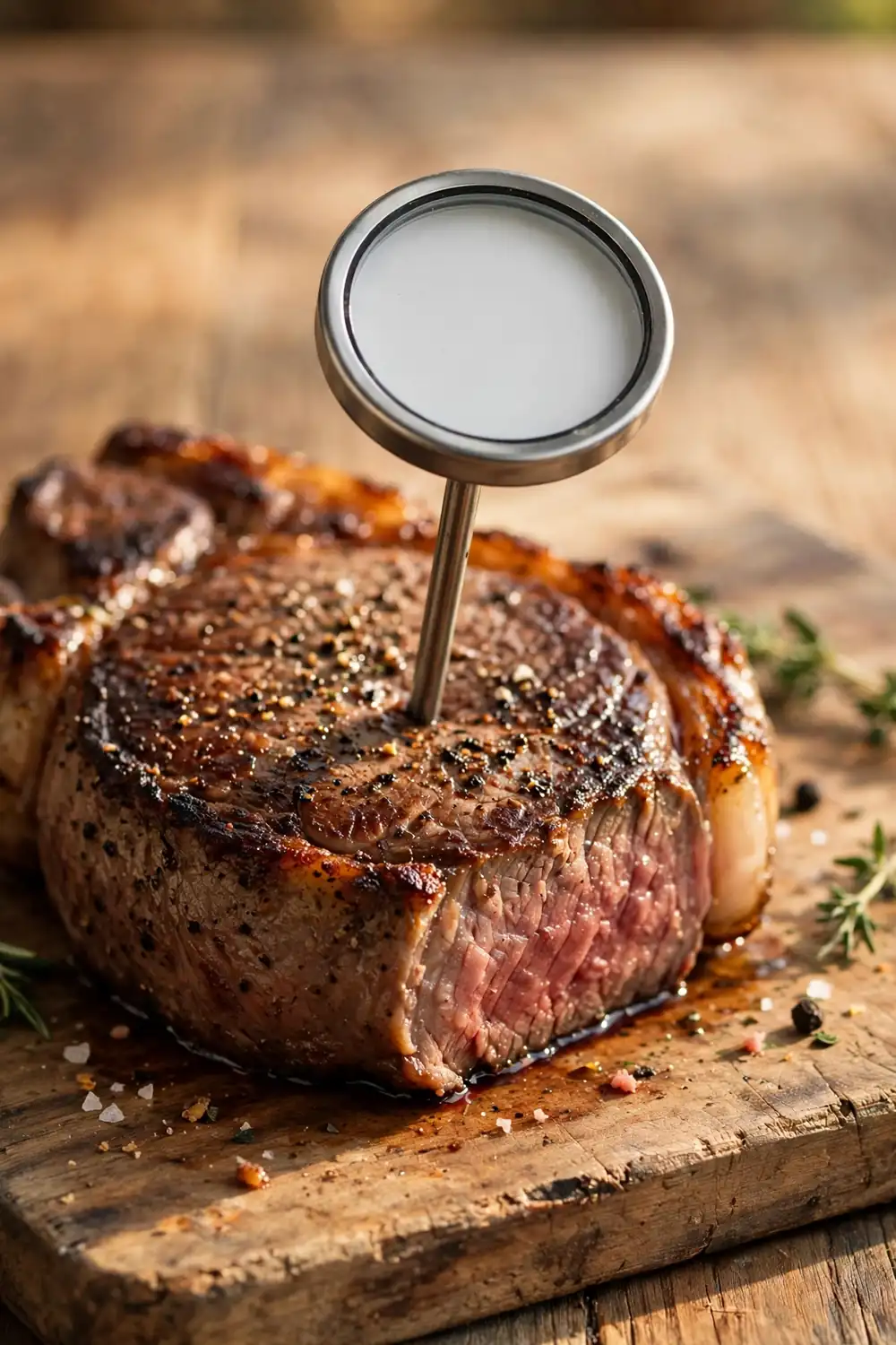Meat thermometer checking a thick seared steak on a cutting board