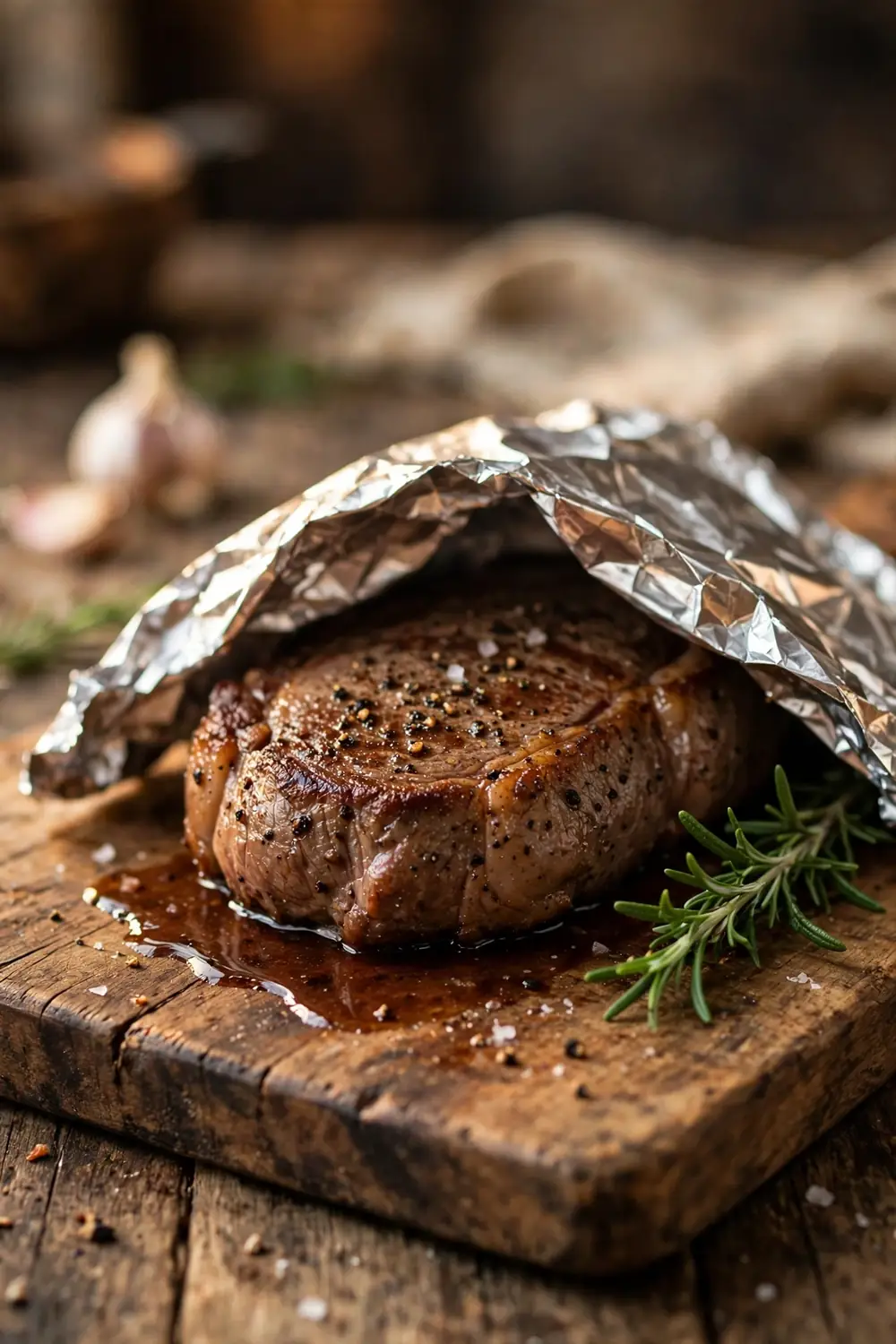 Seared steak resting on a wooden cutting board with juices pooling