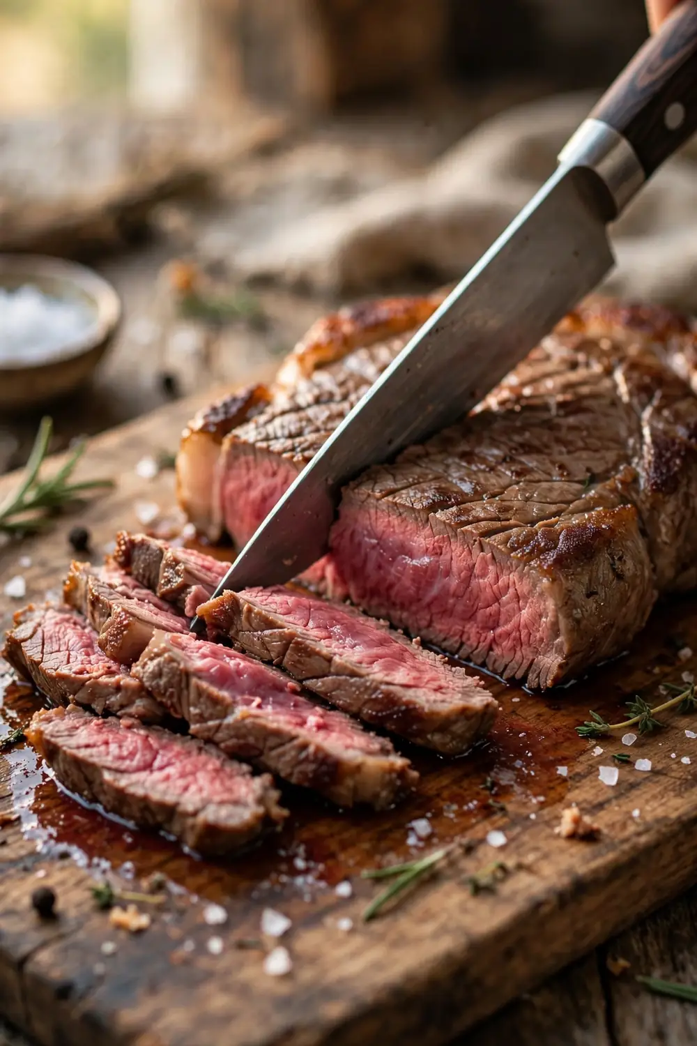 Knife slicing a rested steak against the grain into thin tender strips