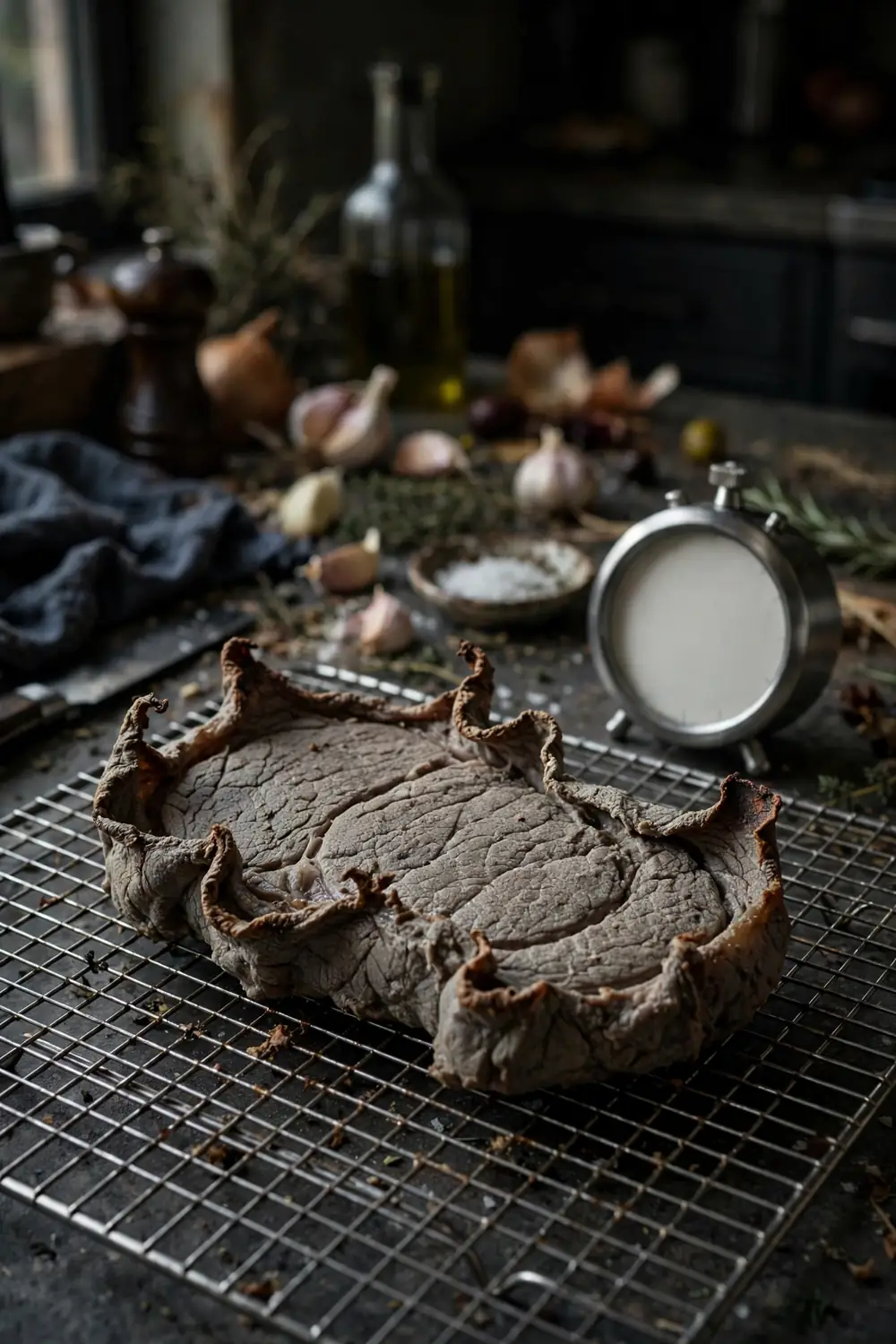 Overcooked gray steak cooling on a wire rack beside a kitchen timer