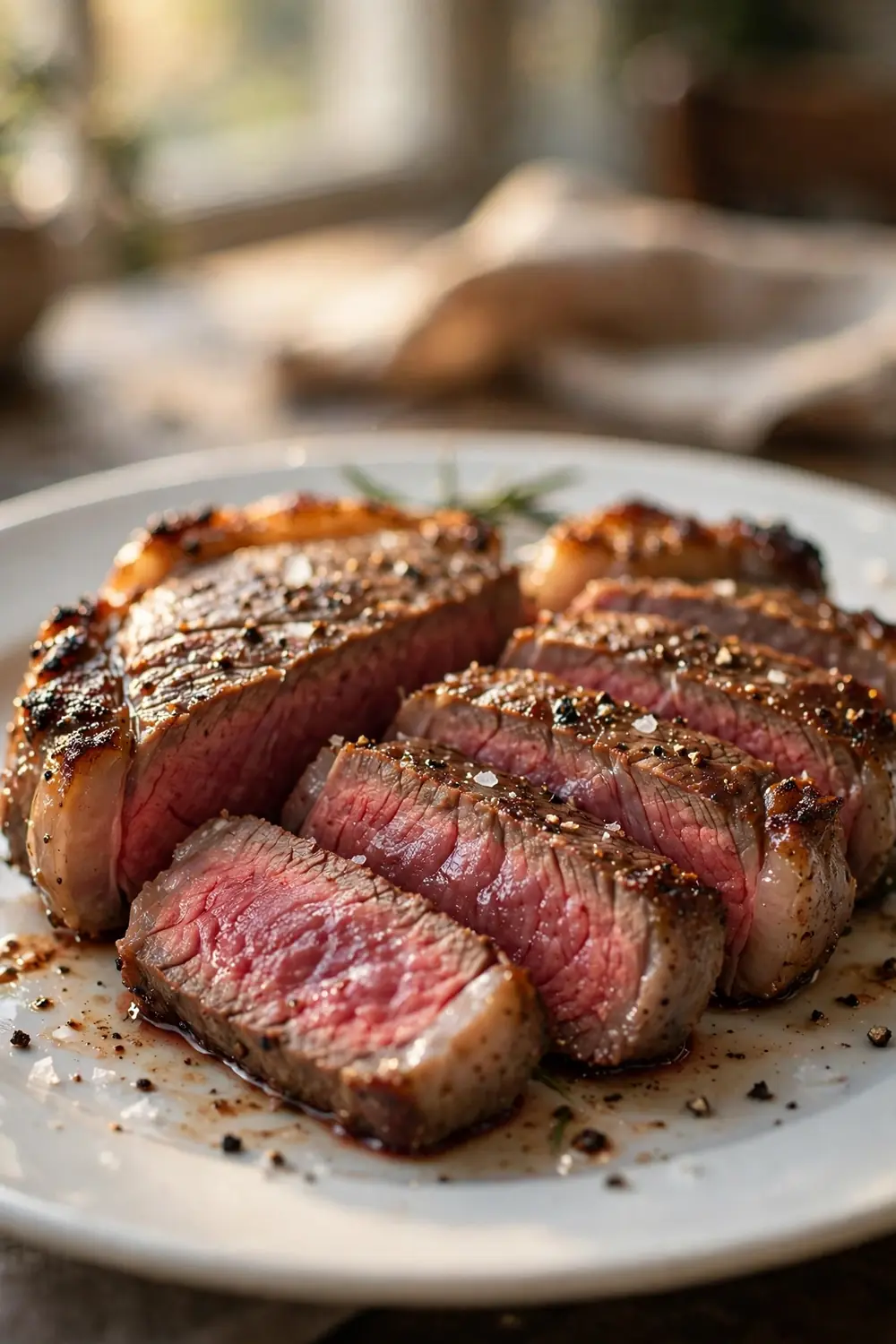 Tender steak sliced open showing a juicy pink center on a plate