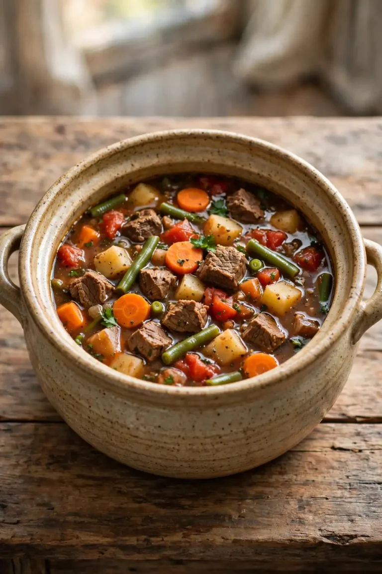 Hearty beef and vegetable soup with beef chunks, carrots, potatoes and green beans in a ceramic pot