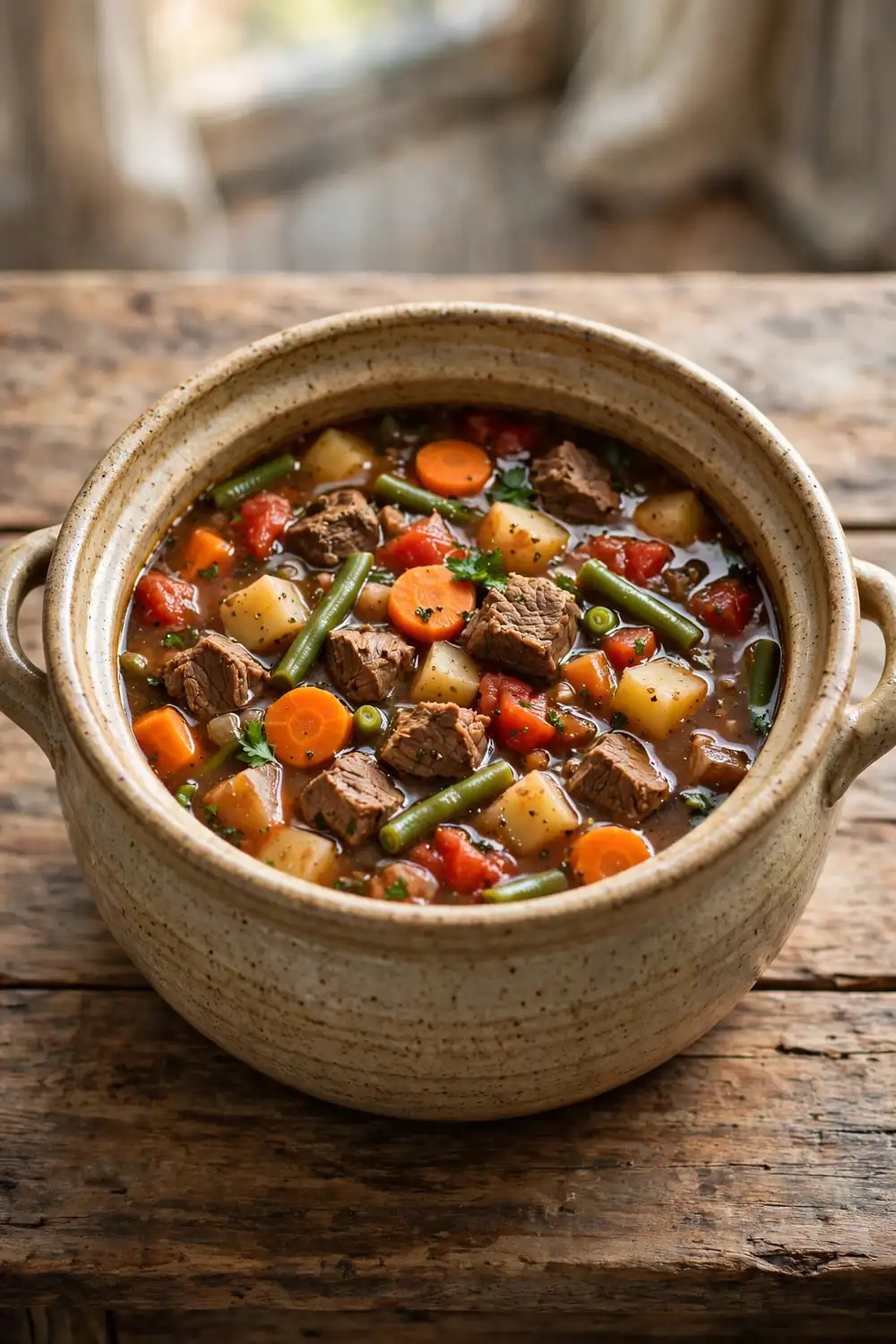 Hearty beef and vegetable soup with beef chunks, carrots, potatoes and green beans in a ceramic pot