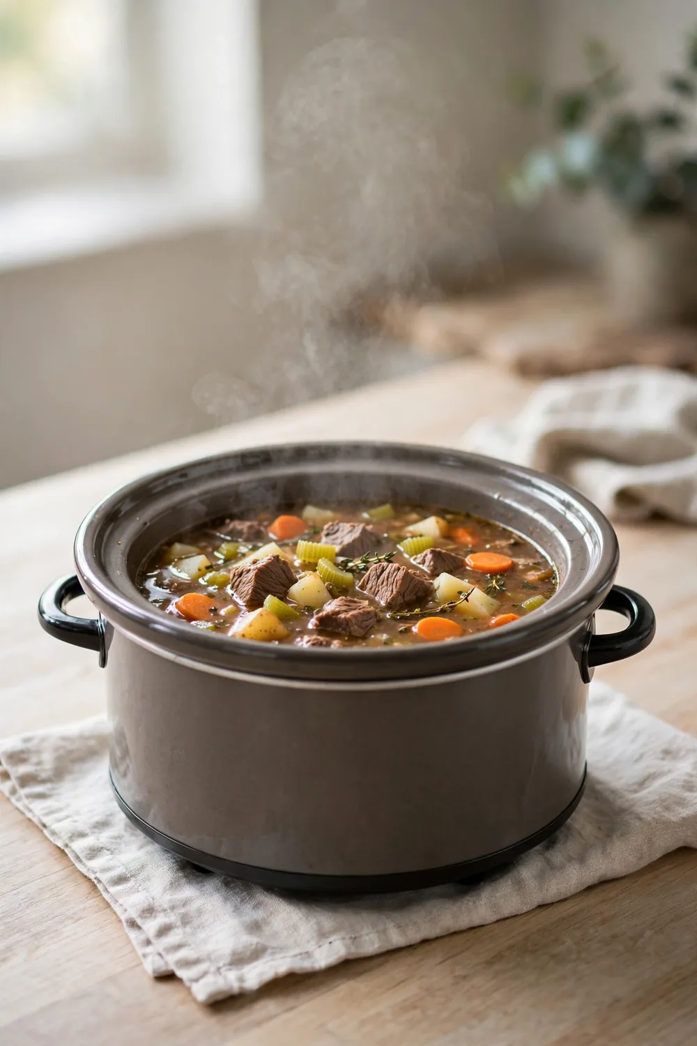 Slow cooker beef and vegetable soup with beef chunks, carrots, celery and potatoes, steaming