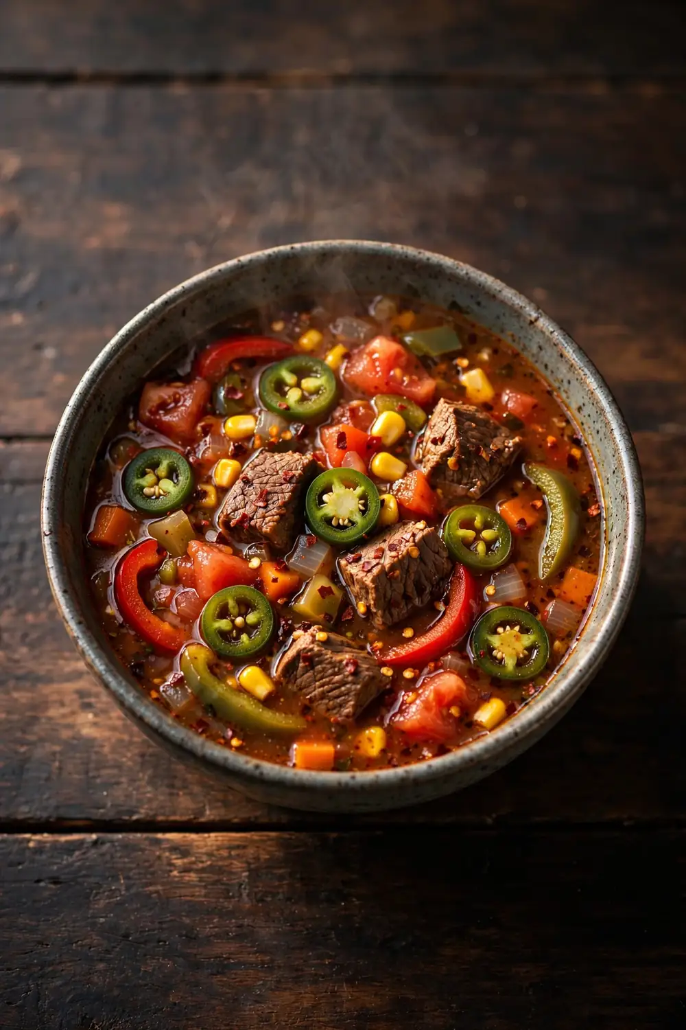 Spicy beef and vegetable soup with jalapeno slices, chili flakes, beef chunks, peppers and corn