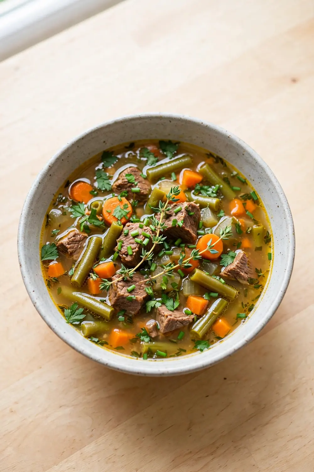 Beef and vegetable soup topped with fresh parsley, thyme and chives, with beef chunks and green beans