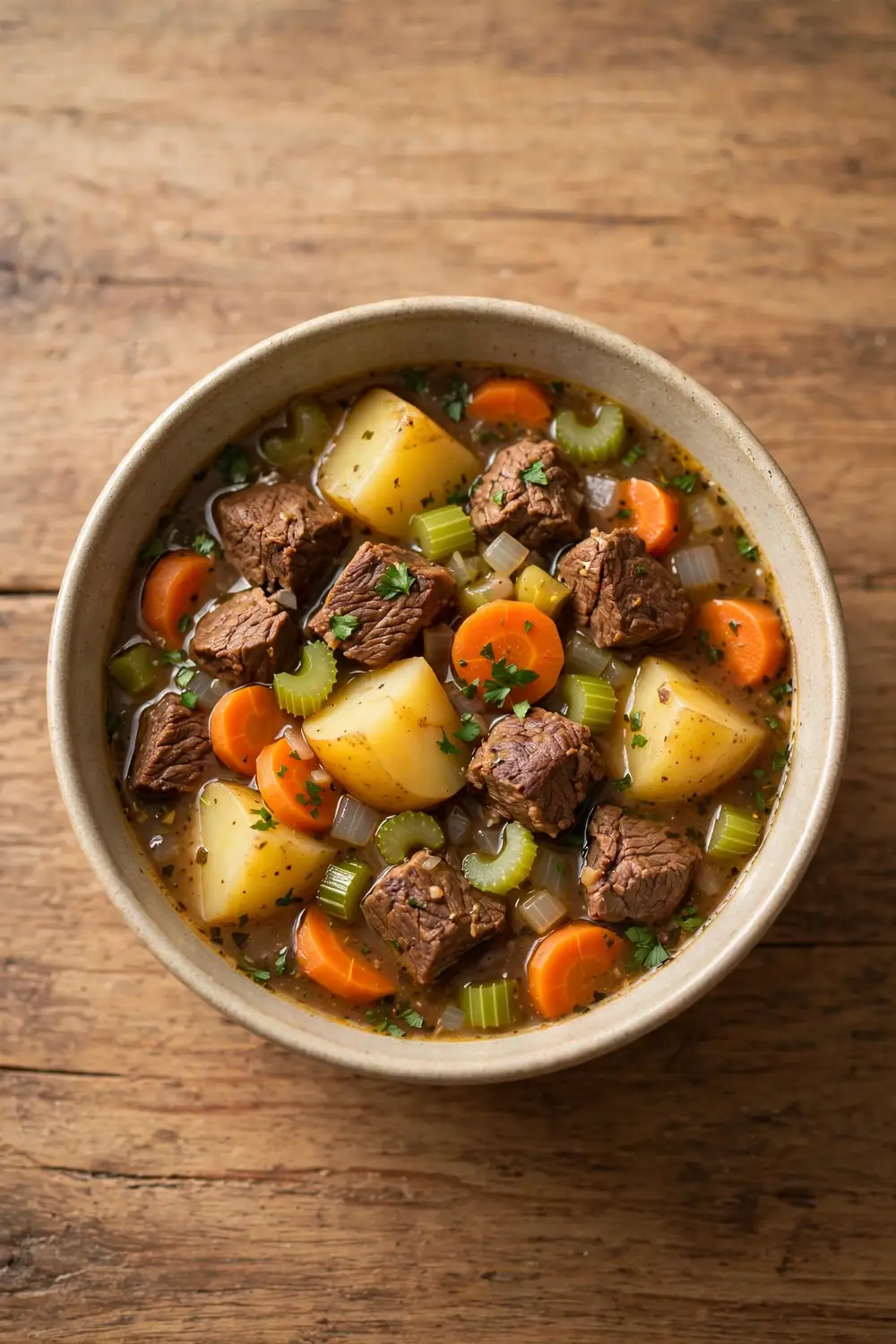 Beef and vegetable soup with golden potato chunks, beef cubes, carrots, celery and onion